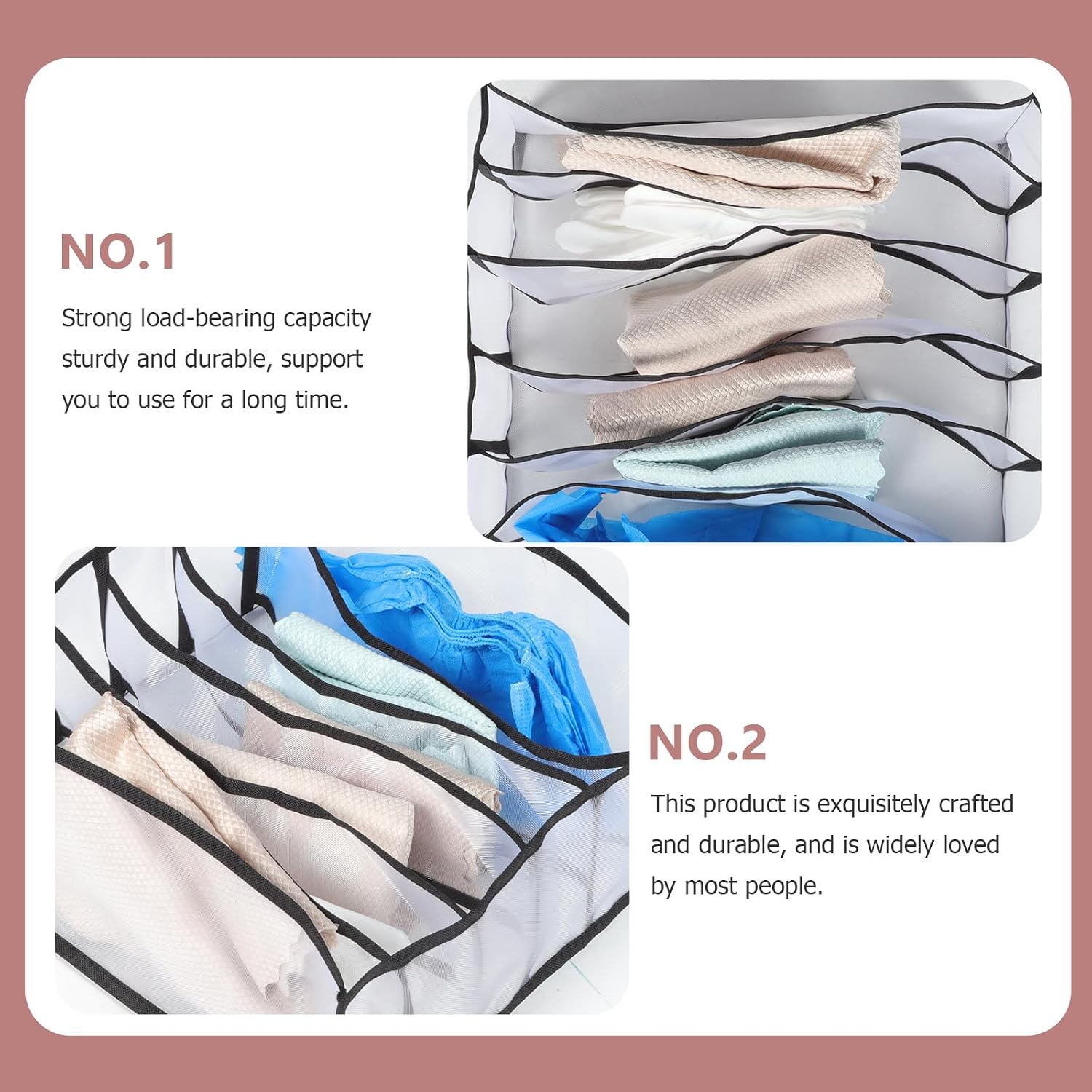 Underwear Organizer Drawer Boxes 3pcs Set with Mesh Compartments, Black Plastic Sock and Underpants Storage Containers for Dresser Closet Organization
