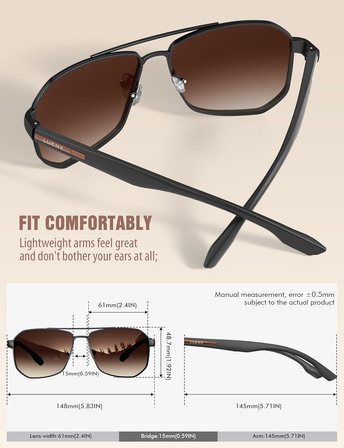 LUENX Aviator Sunglasses for Men Square Polarized Polygon Shades UV400 Sun Glasses with Accessories - Image 5