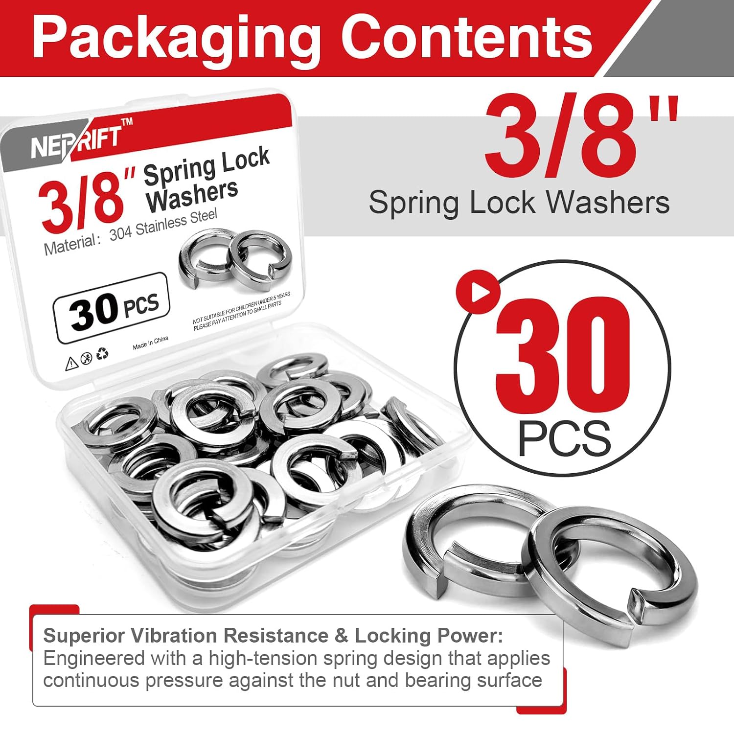 30PCS 3/8" Spring Lock Washers, 304 Stainless Steel Split Washers