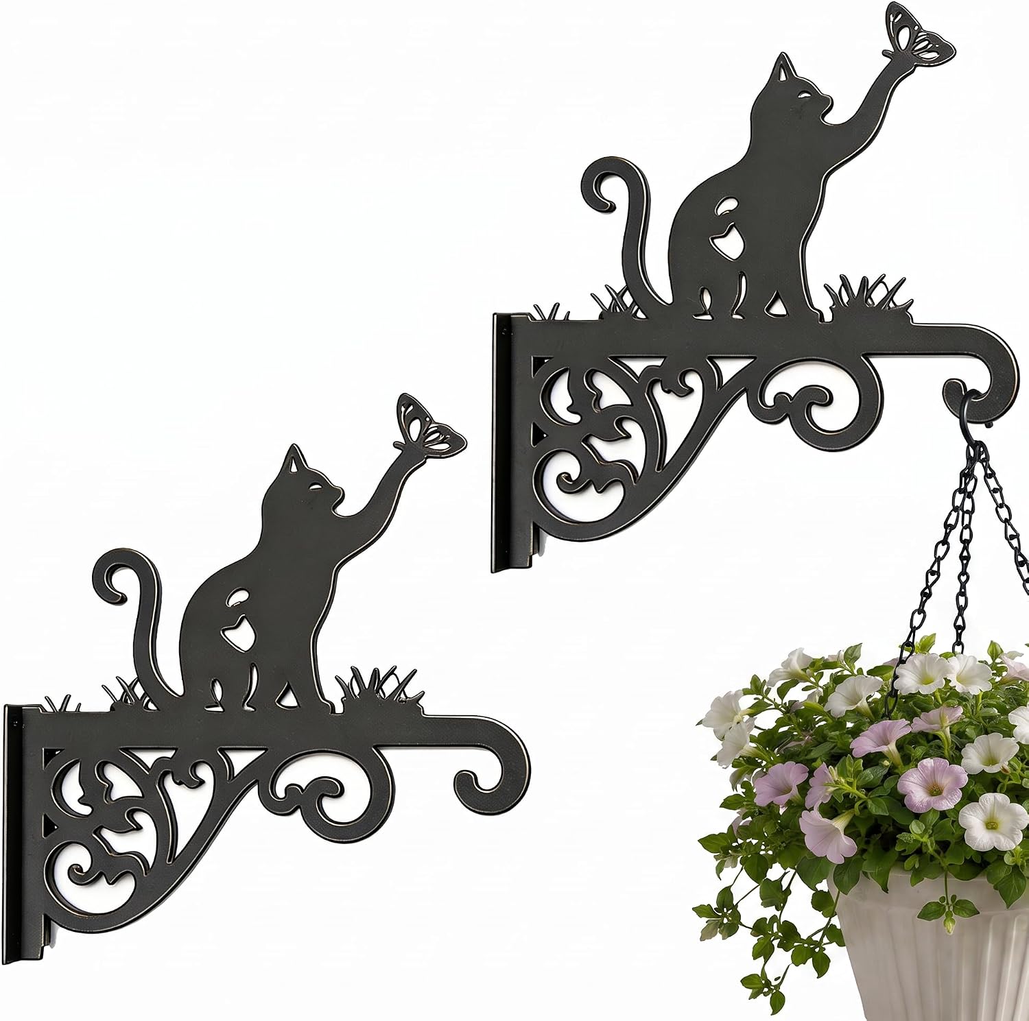 Cat Hangers Set of 2, Black Iron Wall Hooks for Indoor Outdoor Decor