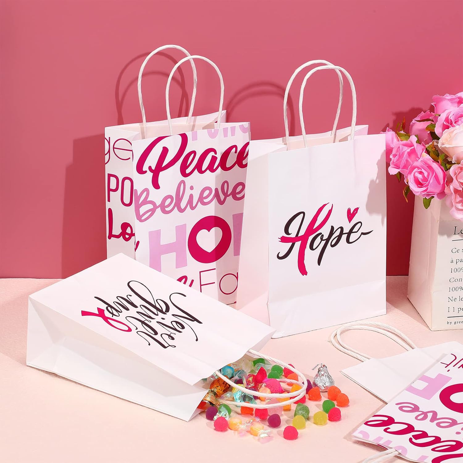 24 Pack Breast Cancer Awareness Bags Pink Ribbon Paper Bag Breast Cancer Gift Bag with Handle Faith Courage Hope Treat Bags for Breast Cancer Awareness Charity Theme Party Favor Supplies - Image 4