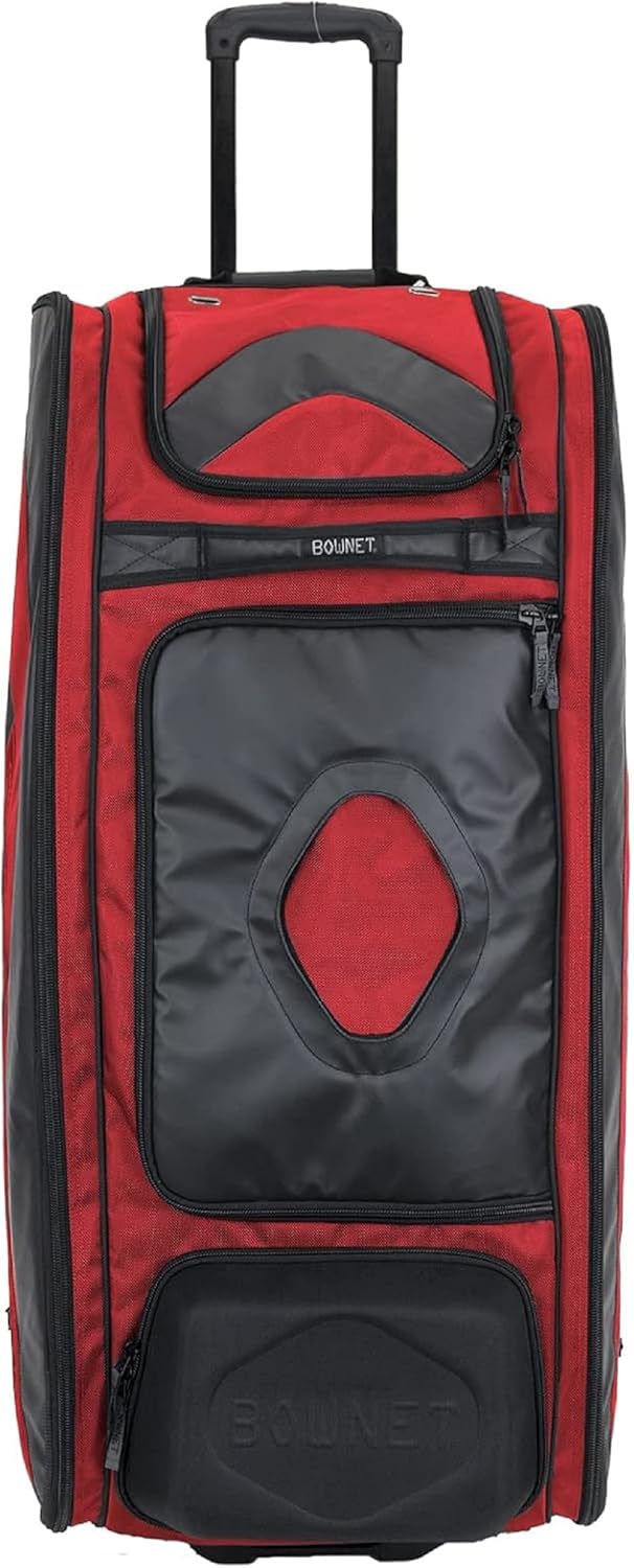 Bownet Commander Catcher’s Gear Bag with Wheels – Heavy Duty Rolling Baseball & Softball Equipment Bag, 14 Pockets, Helmet Case, Big Trax Wheels, Travel Approved