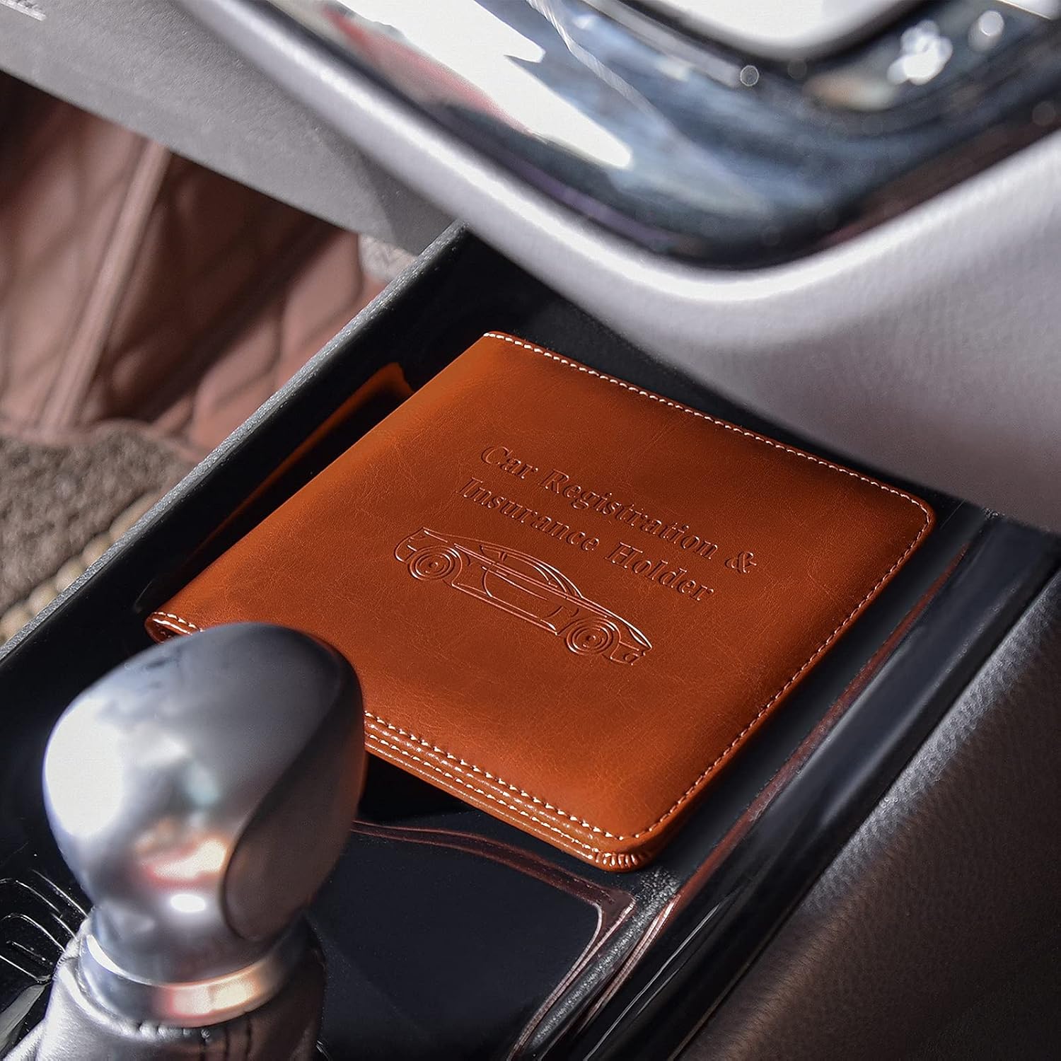 HerriaT Car Registration and Insurance Card Holder - Leather Vehicle Glove Box Automobile Documents Paperwork Wallet Case Organizer for ID, Driver's License, Key Contact Information Cards - Men&Women