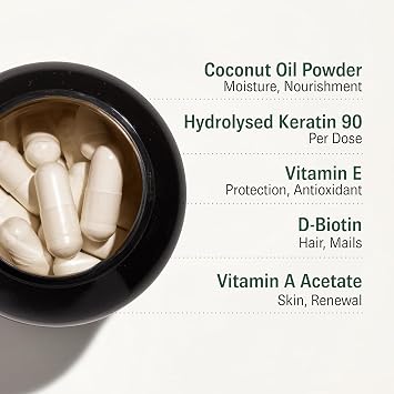 Hair, Skin & Nails Supplement - Biotin + Keratin + Vitamin A, E & Coconut Oil - UK Made