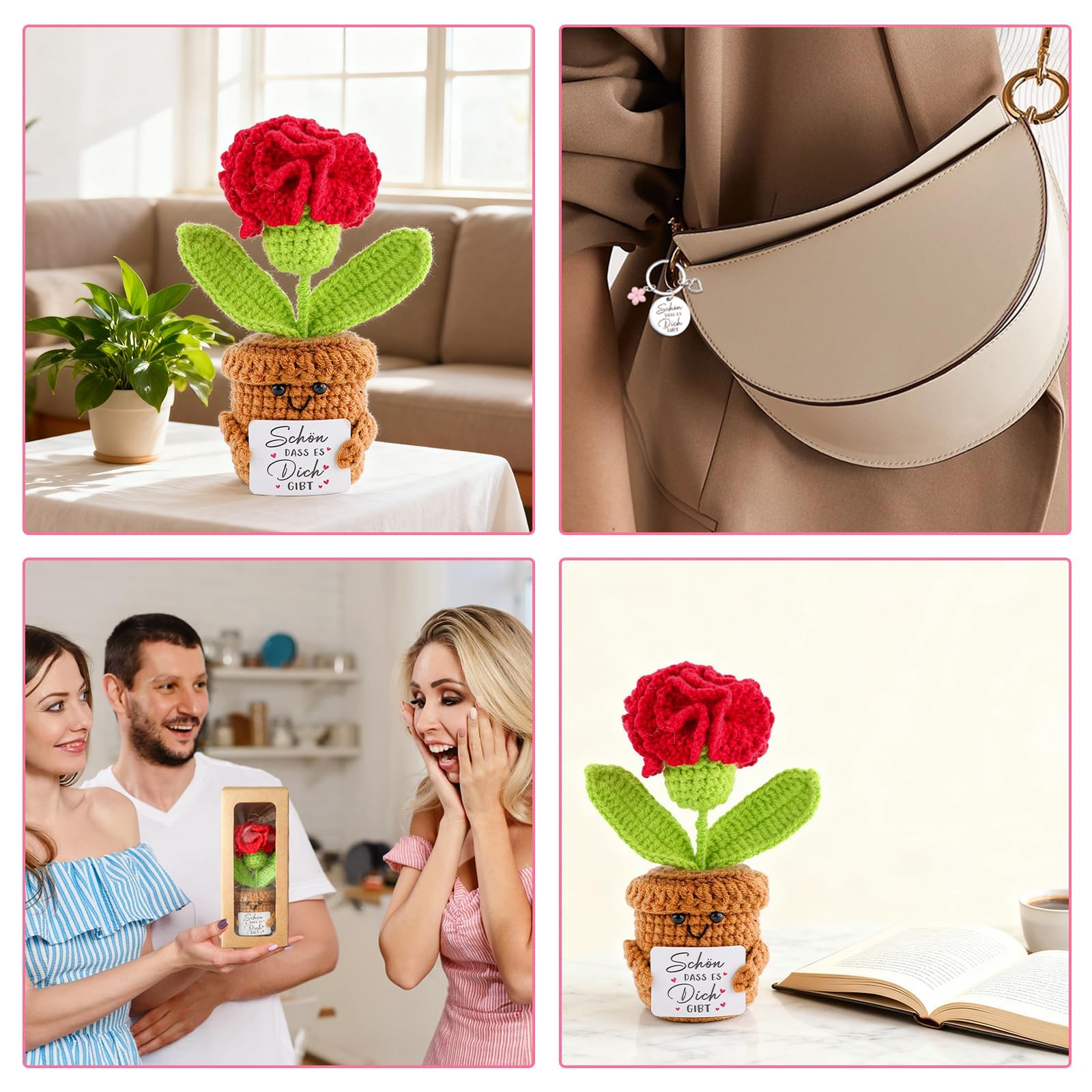 Bambola di garofano lavorata a maglia, regalo per donne, decorazione floreale fatta a mano, con portachiavi "Schön dass Es Dich Gibt", regalo di ringraziamento per mamma, fidanzata, collega, per