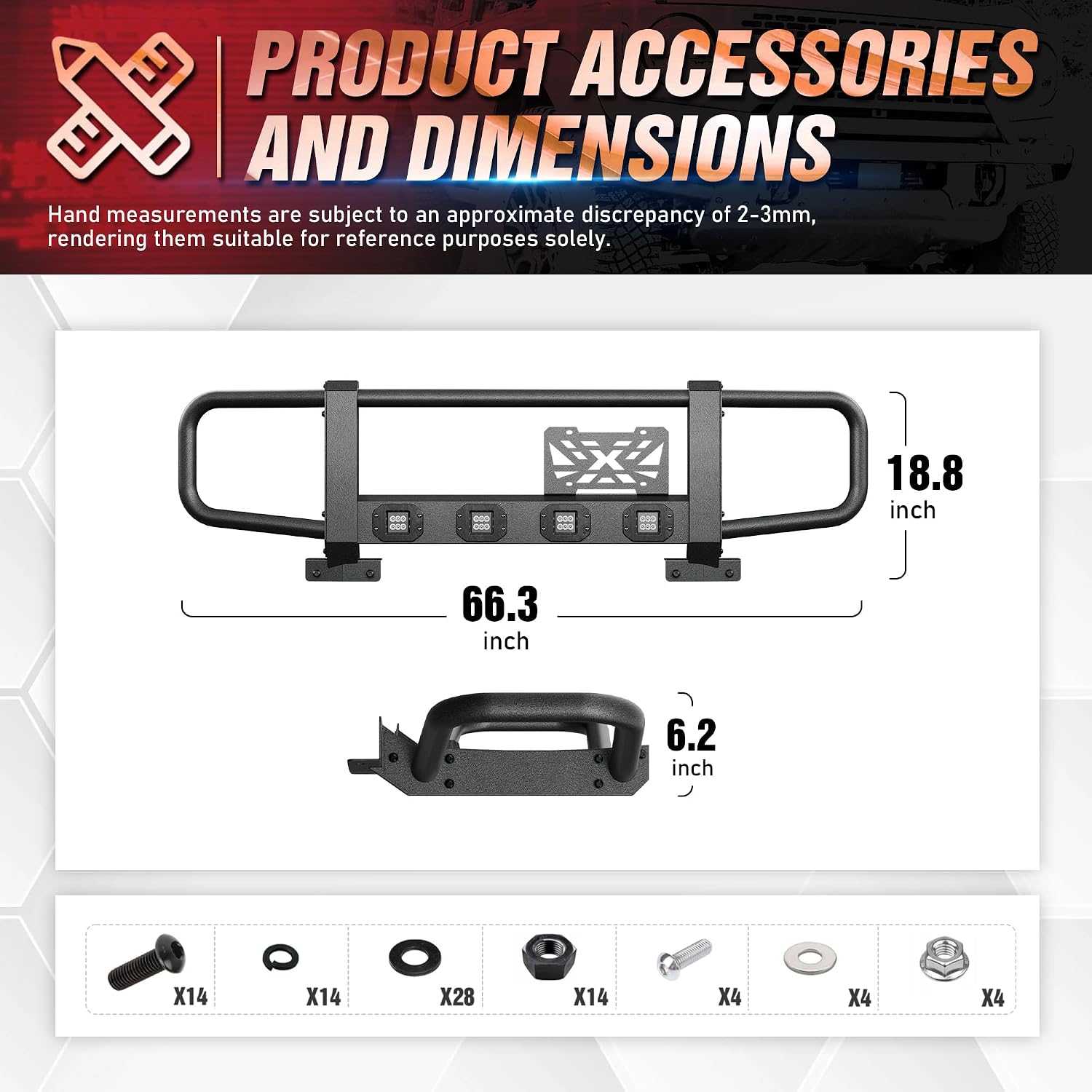 YZONA for Bronco Full-Width Front Brush Grille Guard Push Bull Bar for 2021 2022 2023 2024 2025 2026 Ford Bronco 2 or 4 Doors (ONLY for Models with Factory Modular Steel Front Bumper)