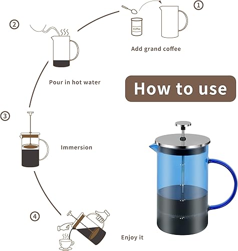 Miniatura 7 de L'PICA - Cafetera de prensa francesa de 34 onzas, prensa francesa de vidrio de borosilicato resistente al calor con 3 filtros (azul)