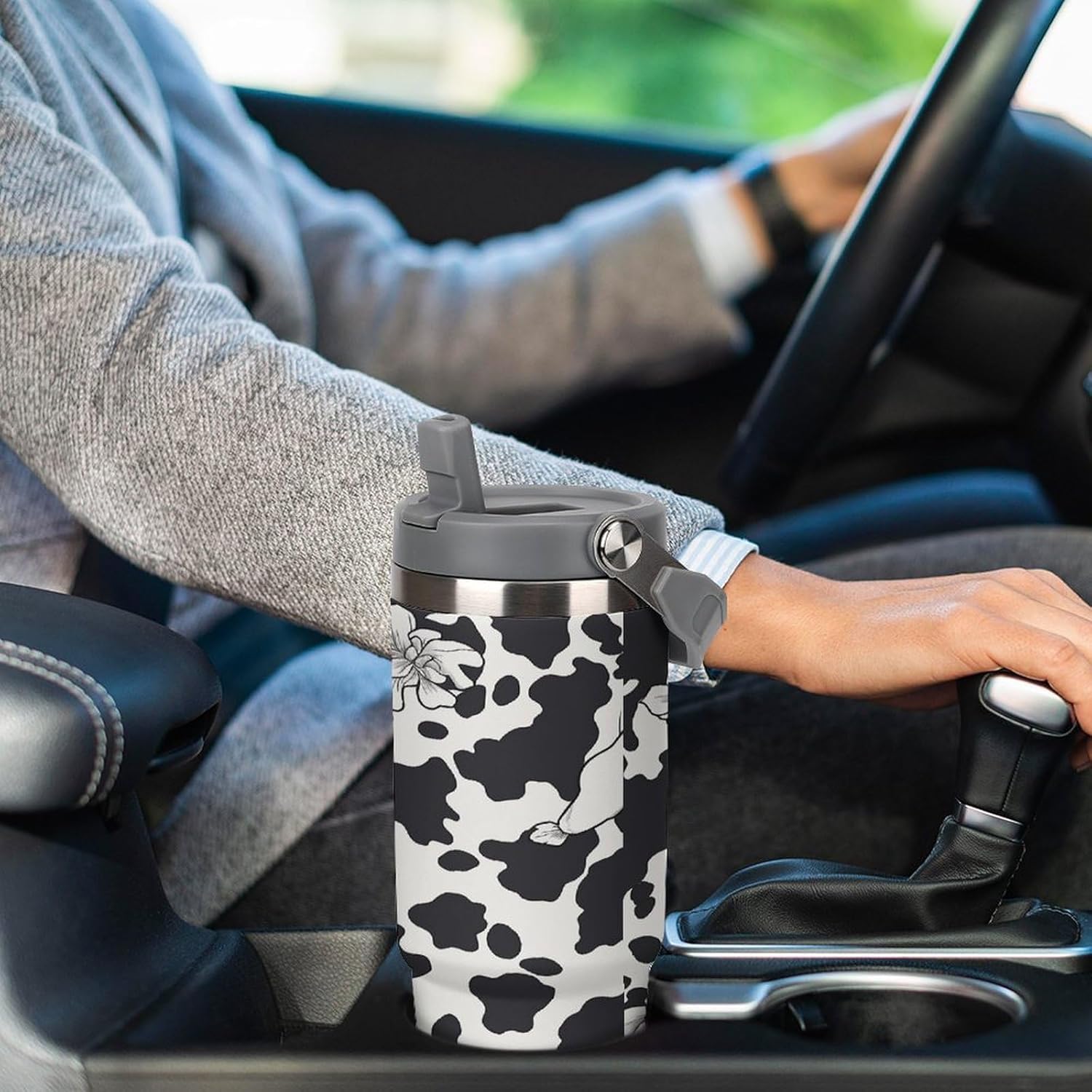 Black And White Cowm Water Bottle 30 Oz Fits Car Cup Holder,Insulated Coffee Mug Large Capacity Car Cups,Stainless Steel Double Wall Sport Bottle for Travel Sports Gym