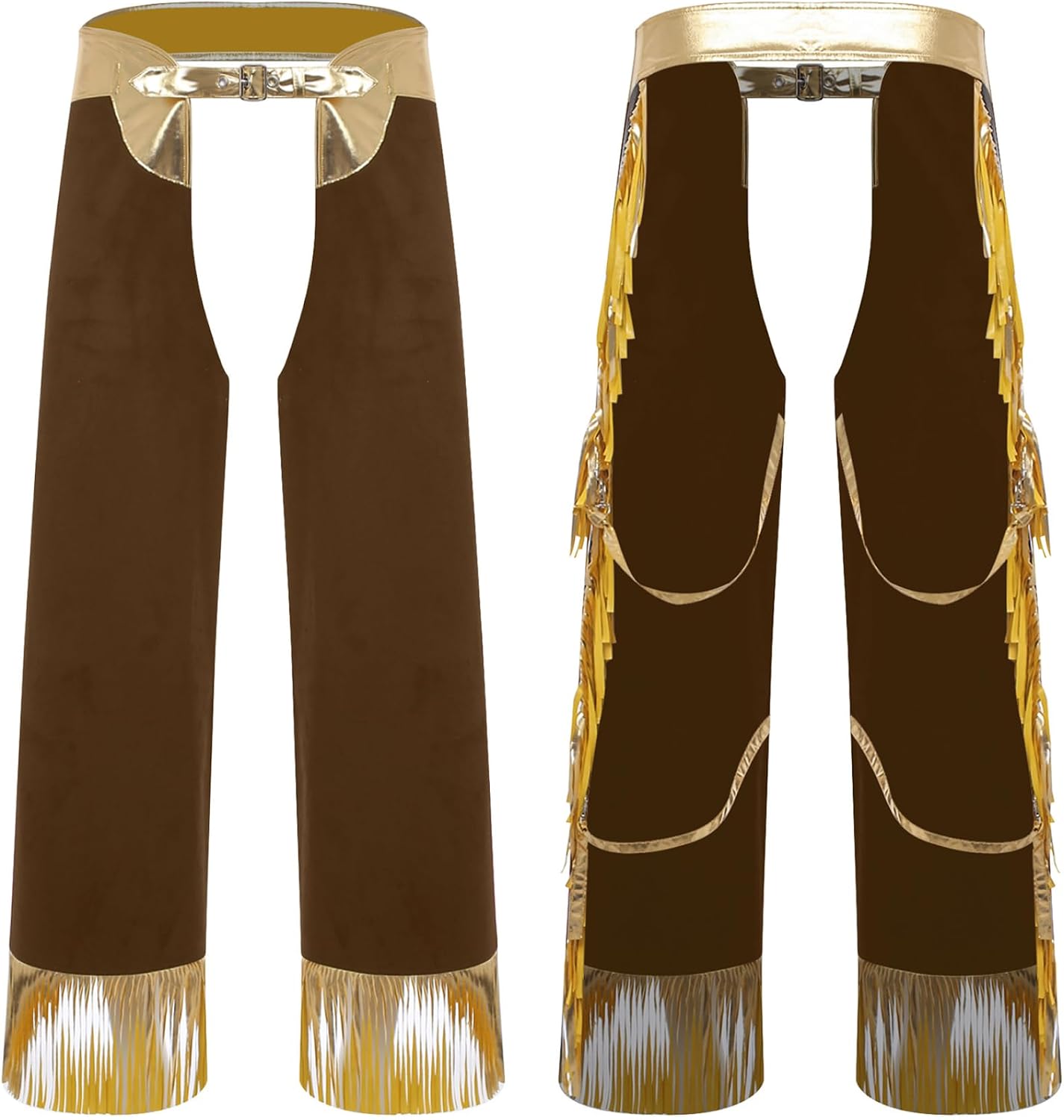 Men's Western Bull Riding Chaps Metallic Shiny Fringe Adjustable Waist Hollow-Out Crotch Pants