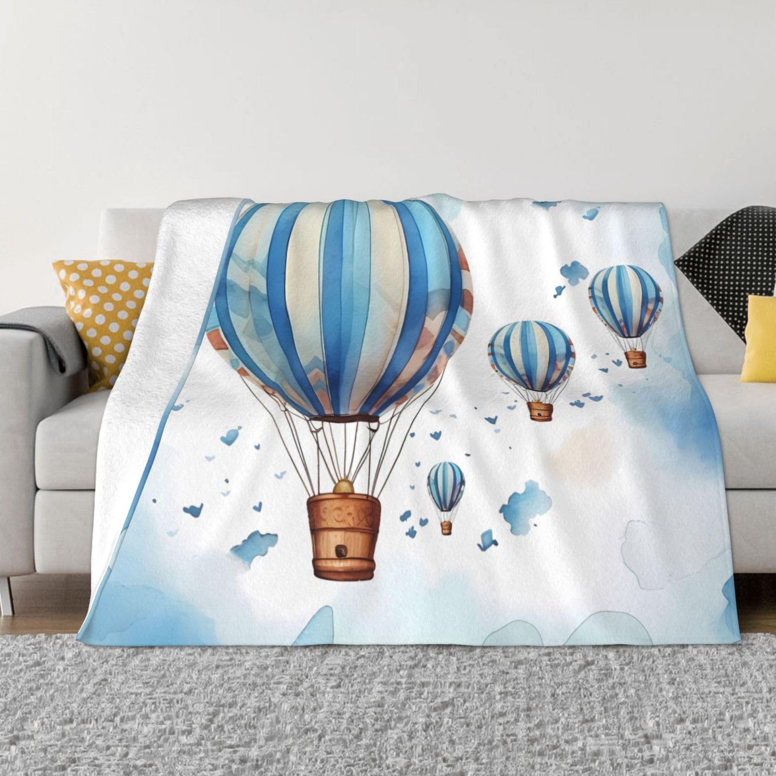 Jeté de lit montgolfière en flanelle ultra douce bleu 150x120