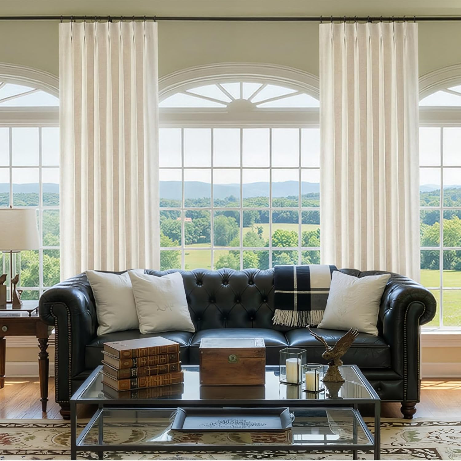 Pinch Pleated Linen Light Filtering Curtains 84 Inch Length, Beige 2 Panels Textured Boho Neutral Drapes for Living Room Bedroom Back Tab Window Curtains with Hooks