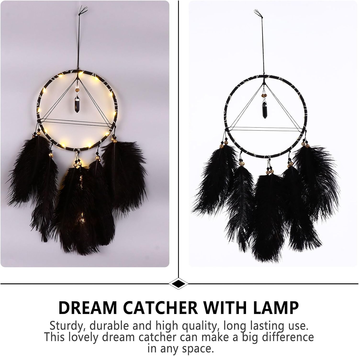 Holibanna Black Hanging Dream Catcher with Black Plume and LED Lights, Handmade Dreamcatcher Ornament for Bedroom Wall Decor and Boho Home Accent