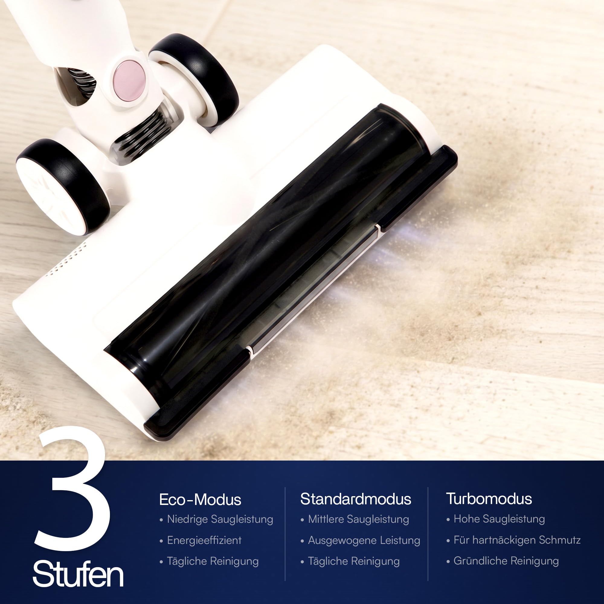 VANJOOL® Akku Staubsauger Kabellos 250W – 9 kPa Stielstaubsauger & Handstaubsauger – Beutelloser Staubsauger mit Wandhalterung – LED-Beleuchtung – 2 Saugstufen – 3 Aufsätze - Weiß / Rosa