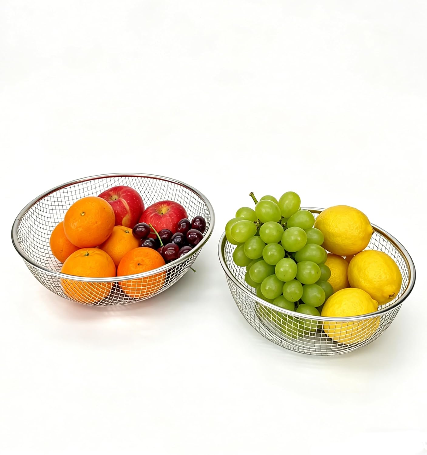 2 Set Wire Mesh Fruit Basket, Round Fruit Bowl for Kitchen Counter, Large & Small Metal Bread Baskets for Key Vegetable, Snack & Produce Storage, Stackable Countertop Organizer