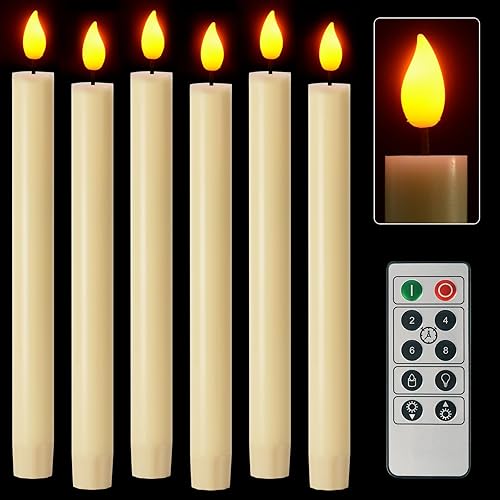 Paquete de 6 velas cónicas sin llama, lámparas de vela sin llama con control remoto, velas LED de cera simulada de color marfil que funcionan con