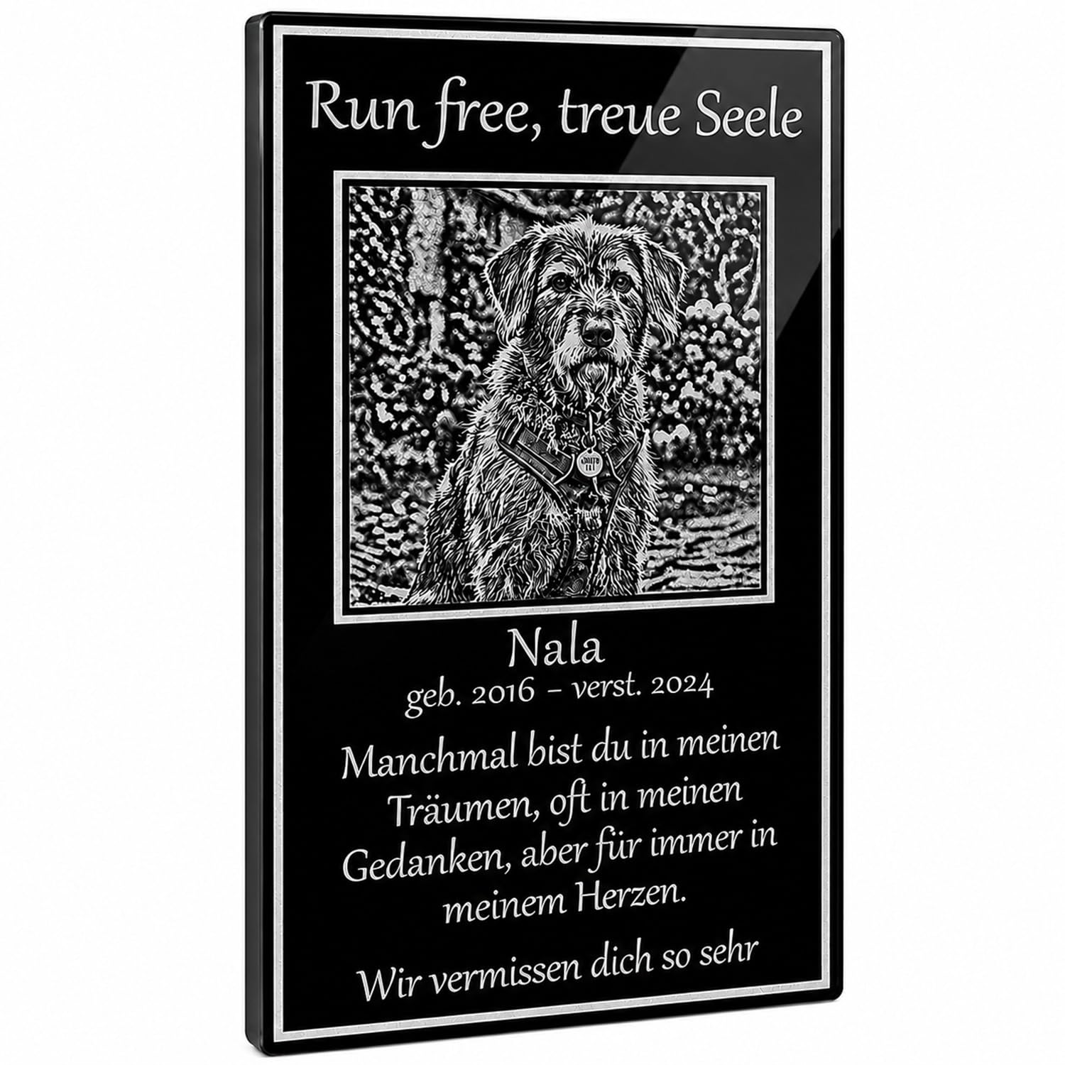 Personalisierte Hunde Gedenktafel mit Foto & Wunschtext Gravur – Edle Erinnerung & Trauerkarte aus schwarzem Acrylglas – Besonderes Andenken Regenbogenbrücke – Made in Austria