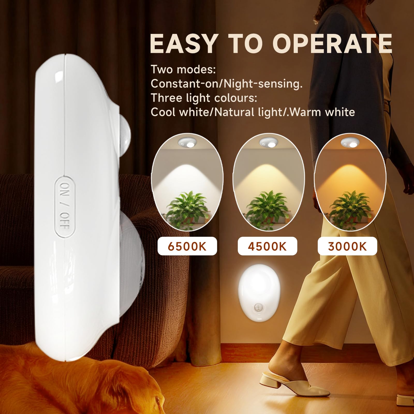 Lot de 4 veilleuses d'intérieur rechargeables en forme de galet avec détecteur de mouvement, 3 couleurs (blanc froid/lumière chaude/lumière naturelle) avec contrôle à un seul bouton, intensité