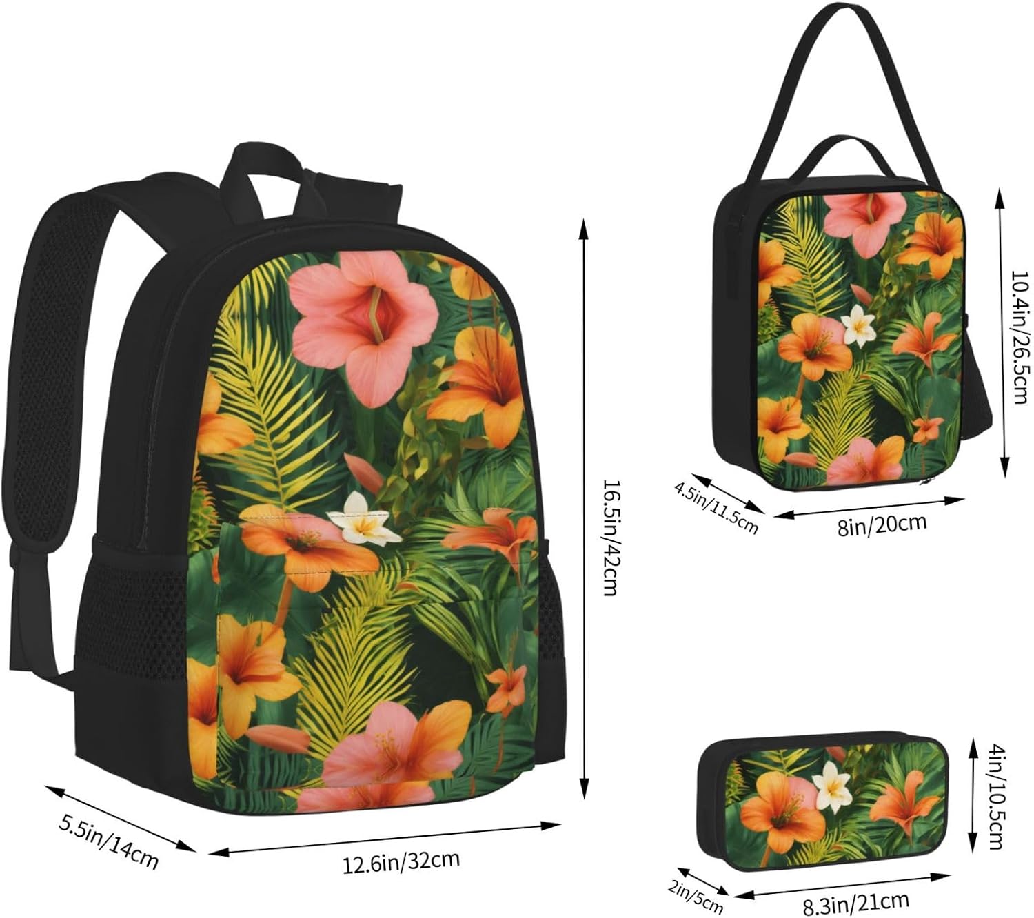 Hojas Tropicales Y Flores Backpack With Lunch Box 3 In 1 Set With Pencil Case, Large Capacity Backpack With Chest Strap