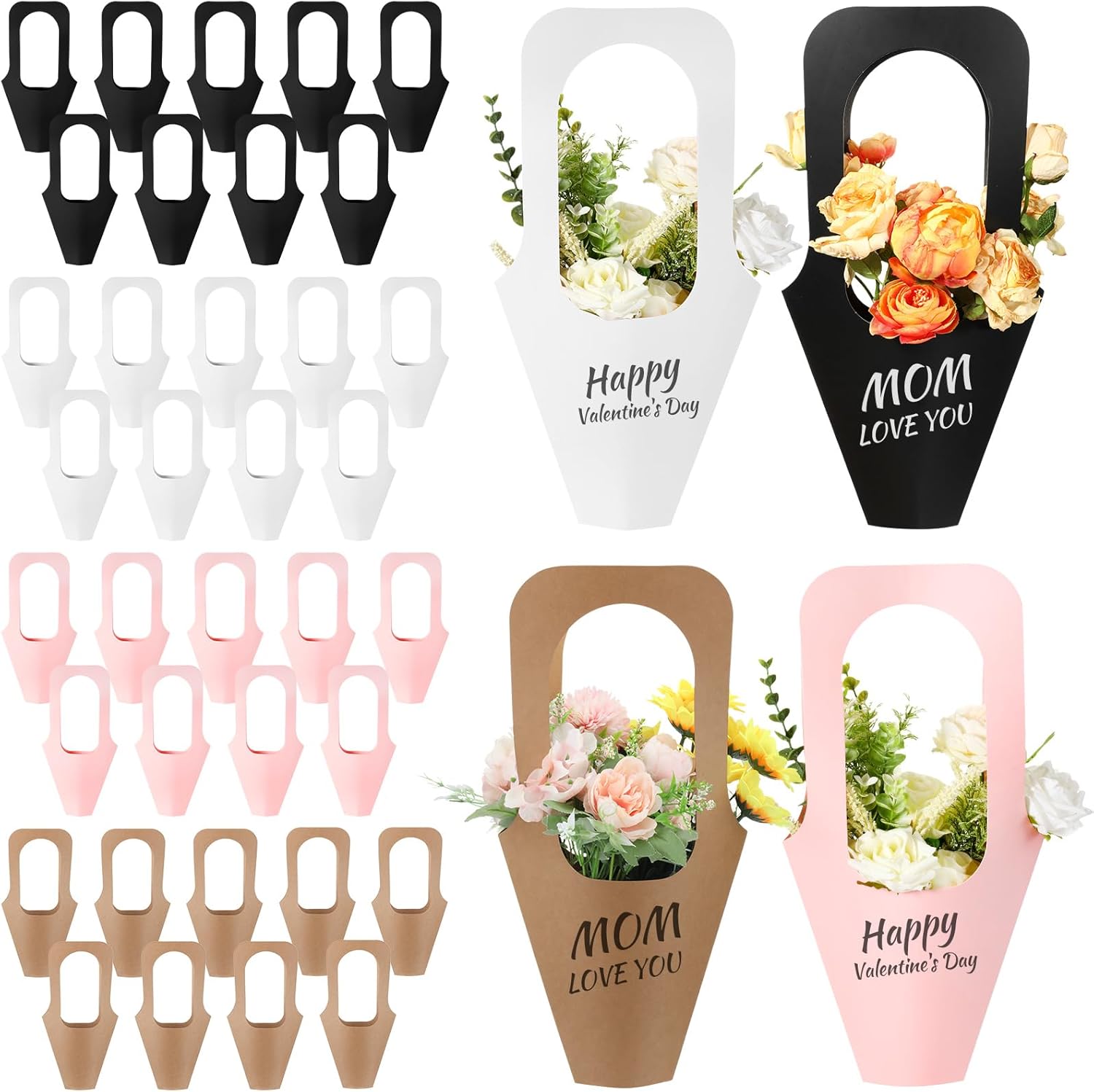 Jeyiour 40 Pcs Kraft Paper Flowers Gift Bags Bouquet with Handle Flower Wrapping Paper Bouquet Kraft Floral Bags Cone Flower Sleeves for Packaging Wedding Graduation Party (Rustic Color)