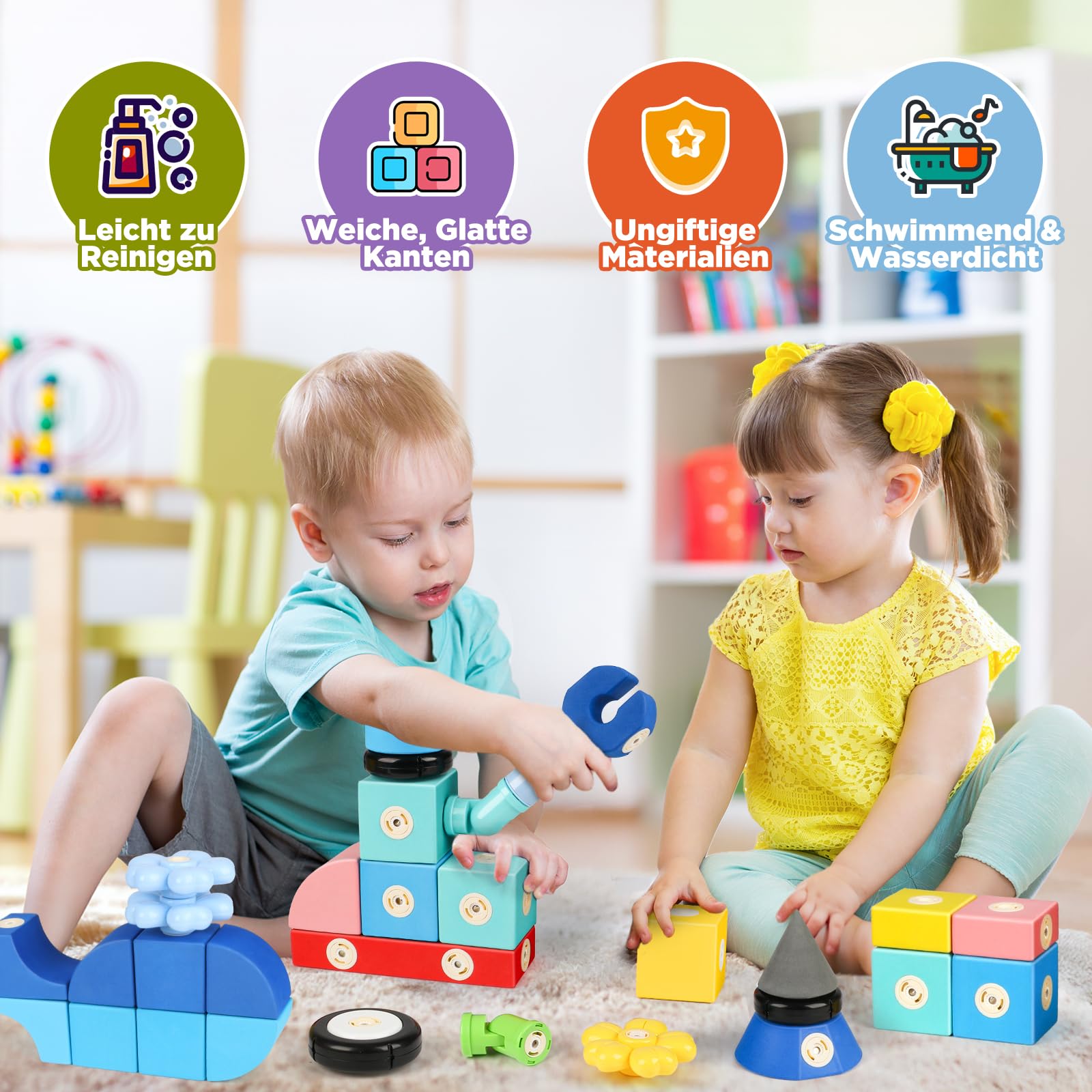 Magnetische Bausteine Spielzeug für Kinder 3-6, 100 Stück Schlossbau-Softblöcke Lernspielzeug für Kinder STEM Montessori Kinderspielzeug ab 3 4 5 6 Jahre für Jungen Mädchen, 3D Konstruktions Spielzeug