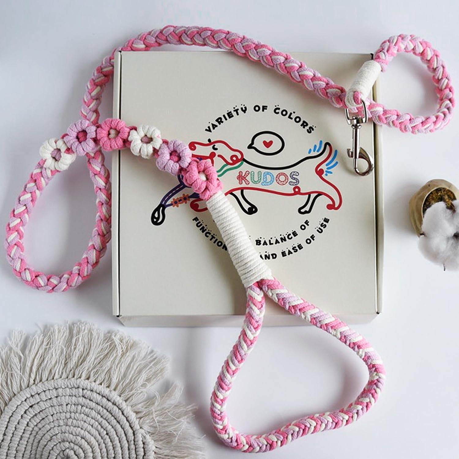 Handmade Braided Cotton Dog Leash – 5ft Durable and Stylish Leash with Unique Floral Handle, Ideal for Small to Large Dogs, Pink Color