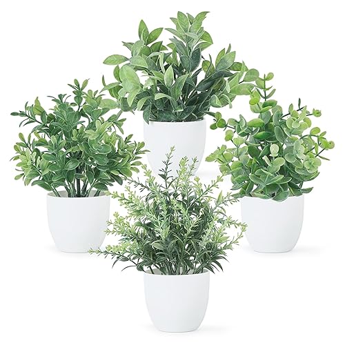 Mkono 4 Packs Fake Plants Mini Artificial Greenery Potted Plants Faux Eucalyptus for Christmas Home Decor Indoor Office Table Shelf Room Bathroom Farmhouse Decor