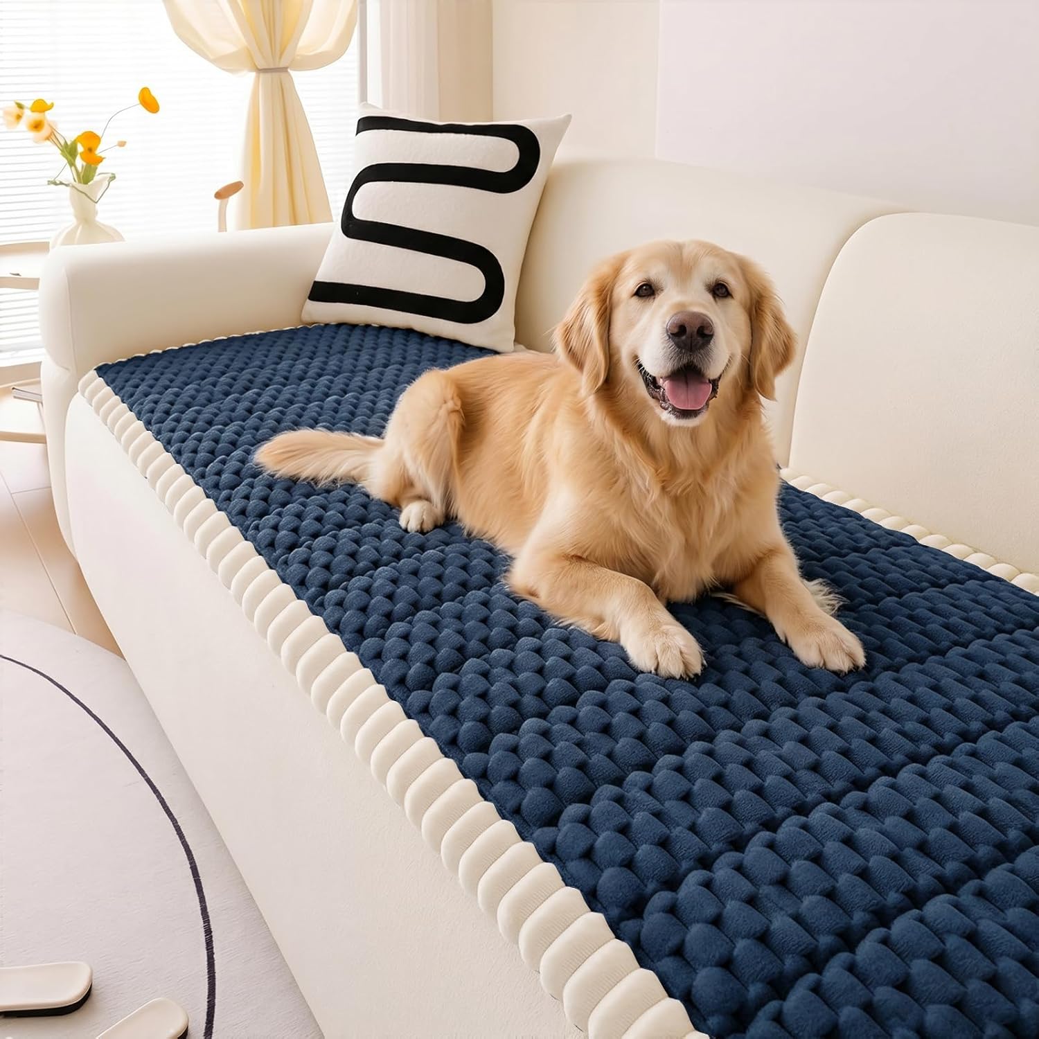 Non Slip Couch Cover for Dogs & Pets, Washable Sofa Seat Protector Pad, Durable Pet Friendly Couch Cushion Cover, Quilted Anti-Slip Couch Protector for 3 Cushion Sofas, Dark Blue, 27.6"x70.9"