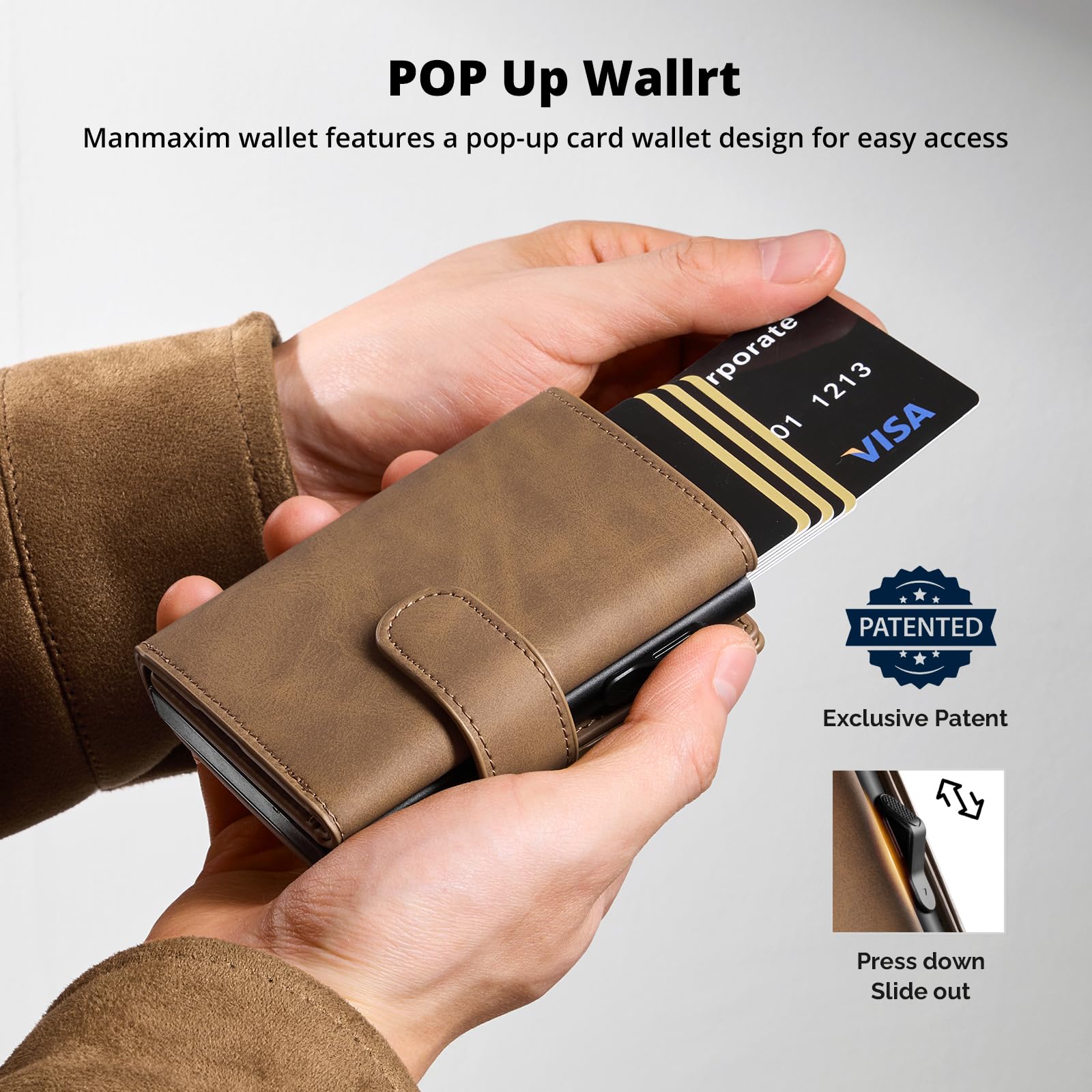 Slim Wallet z kieszenią na monety, męski portfel z ochroną RFID, portfel męski Slim Smat Wallet, etui na karty pop-up, na 10 kart, portfel męski, B03 - brązowy, Dreifach gefaltet, Minimalistyczny