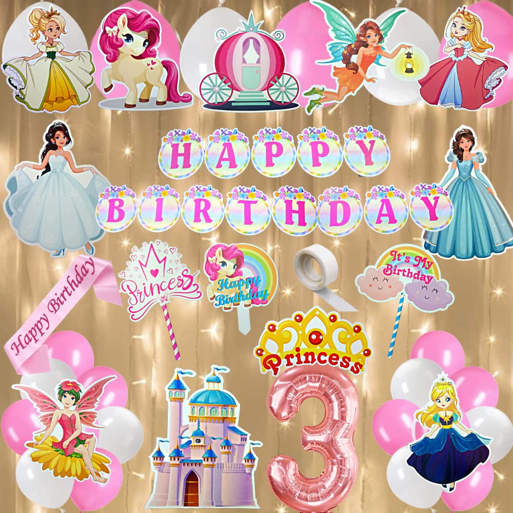 FI - FLICK IN 50 pcs Happy 3rd Birthday Decoration Kit for Girls Car Castle Cutouts Princess Sash Led Light Princess Birthday Decoration Number 3 Foil Balloon (Pack of 50, Pink)