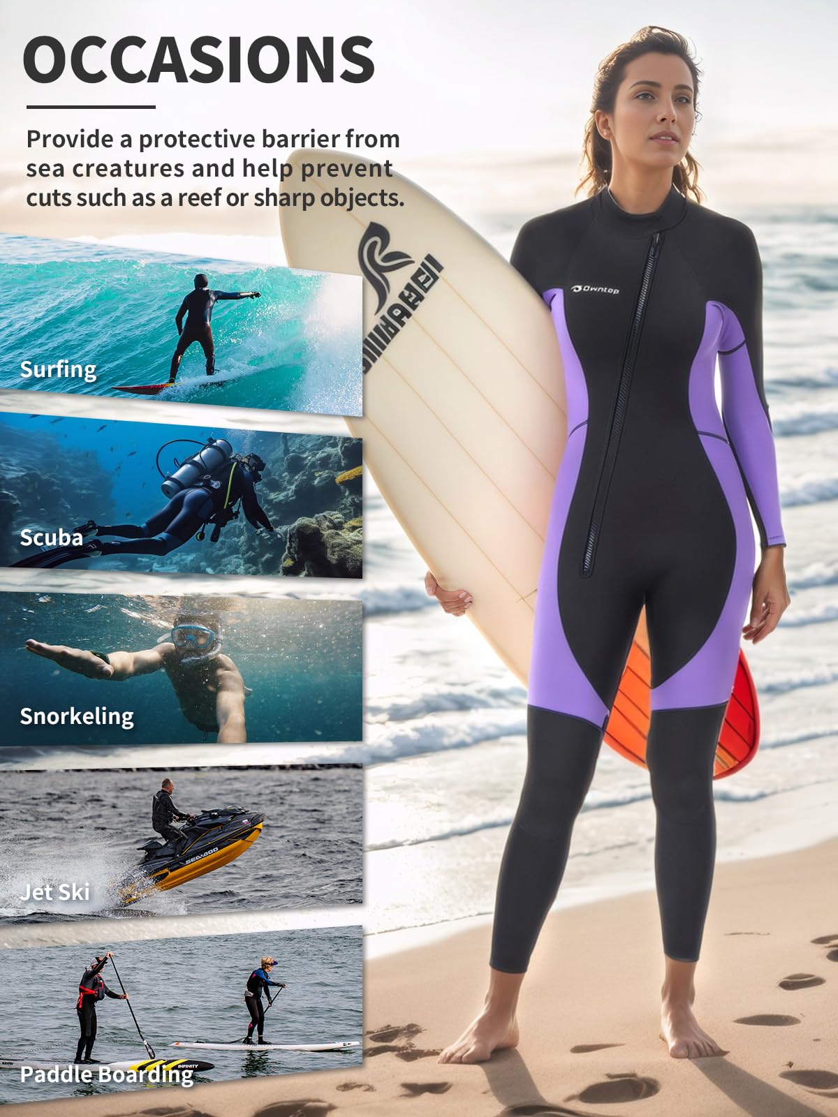Owntop Mujeres Traje de Neopreno 3/2mm - Trajes de Buceo con Cremallera Delantera, Stretch Pro Wetsuit Térmico de Longitud Completa para Surf Snorkel, Mujer Morado M