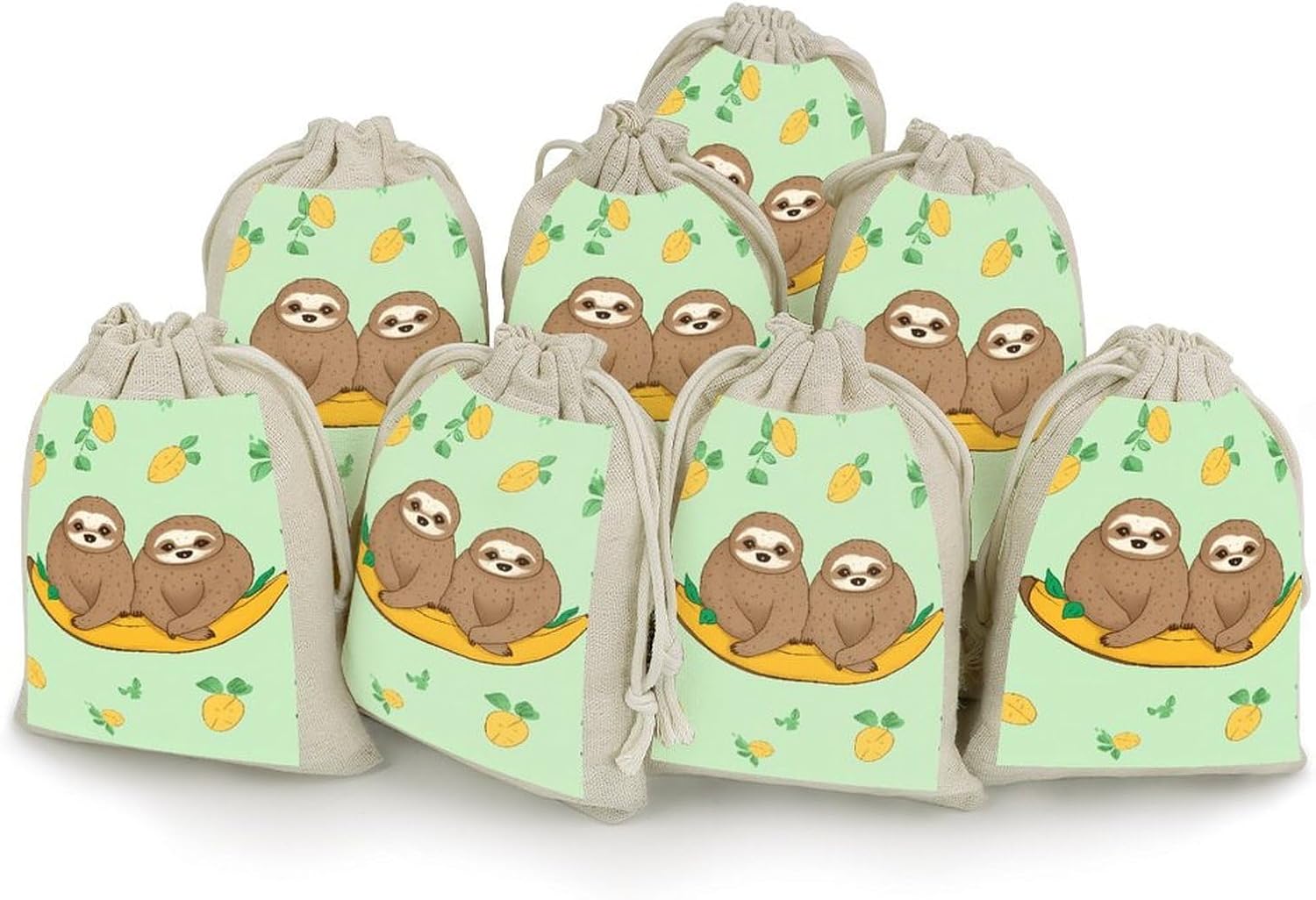 Cute Sloths on Yellow Lemons Cotton Linen Drawstring Bags Pack of 8