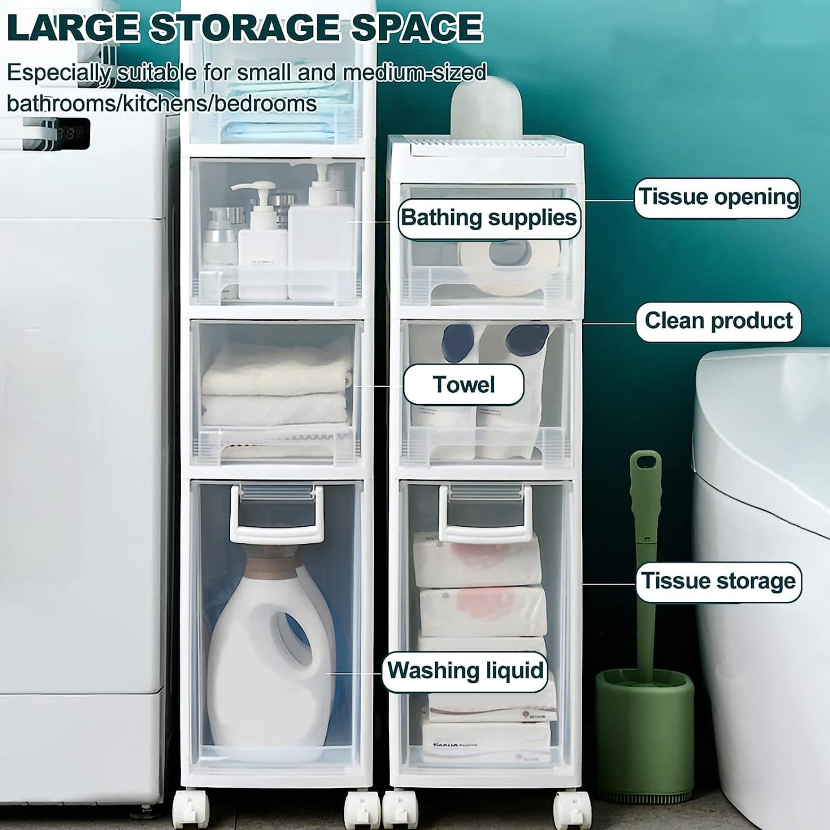 Armadietto da bagno sottile con 4 cassetti in plastica e rotelle, per piccoli spazi, 16 cm, armadio stretto per carta igienica, grande capacità, per spazi vuoti del bagno