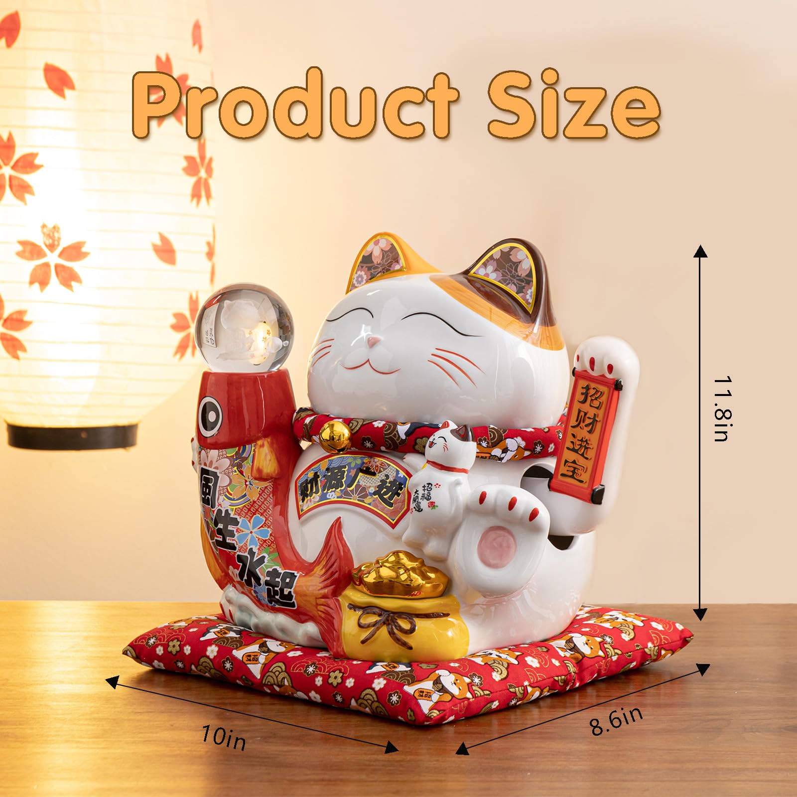 Estatua grande de gato de la suerte Maneki Neko con bola de cristal, figura de gato de la fortuna japonesa, blanco y rojo