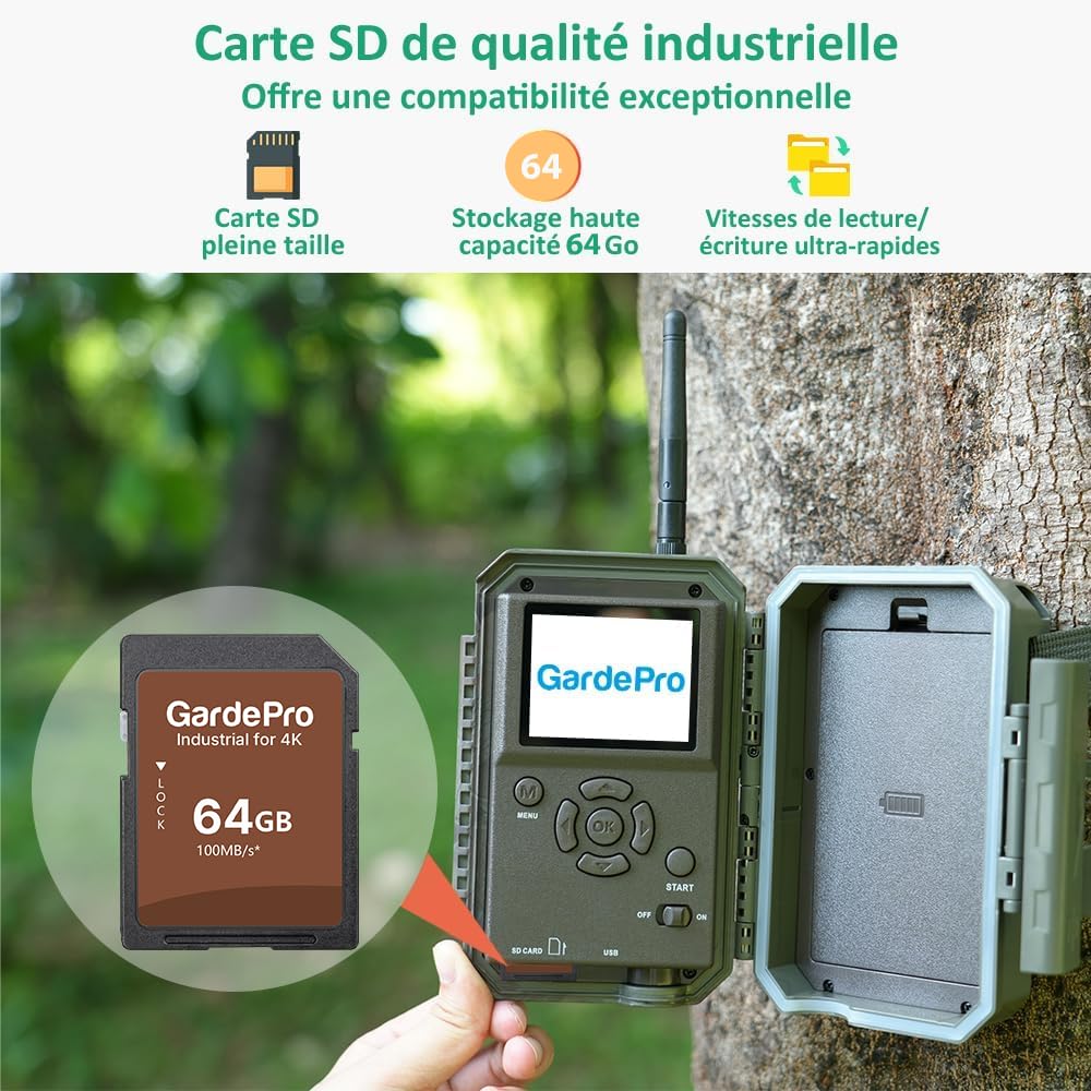 GardePro E8 Camera de Chasse WiFi, Carte SD de 64 Go, 64MP 1296P Vidéo