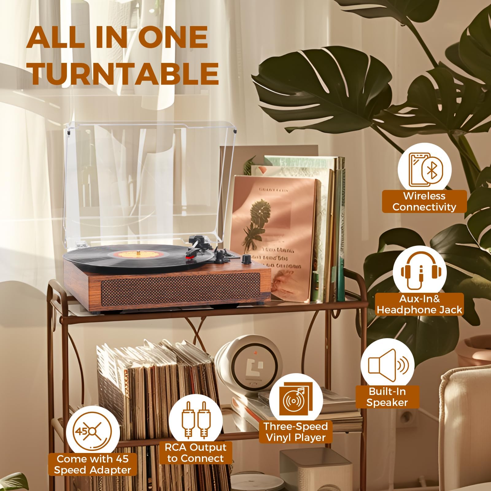 Reproductor de discos de vinilo con Bluetooth integrado, grabación USB, altavoces estéreo, tocadiscos vintage impulsado por correa, 3 velocidades y 3 tamaños, portátil, reproductor LP de entrada AUX 5