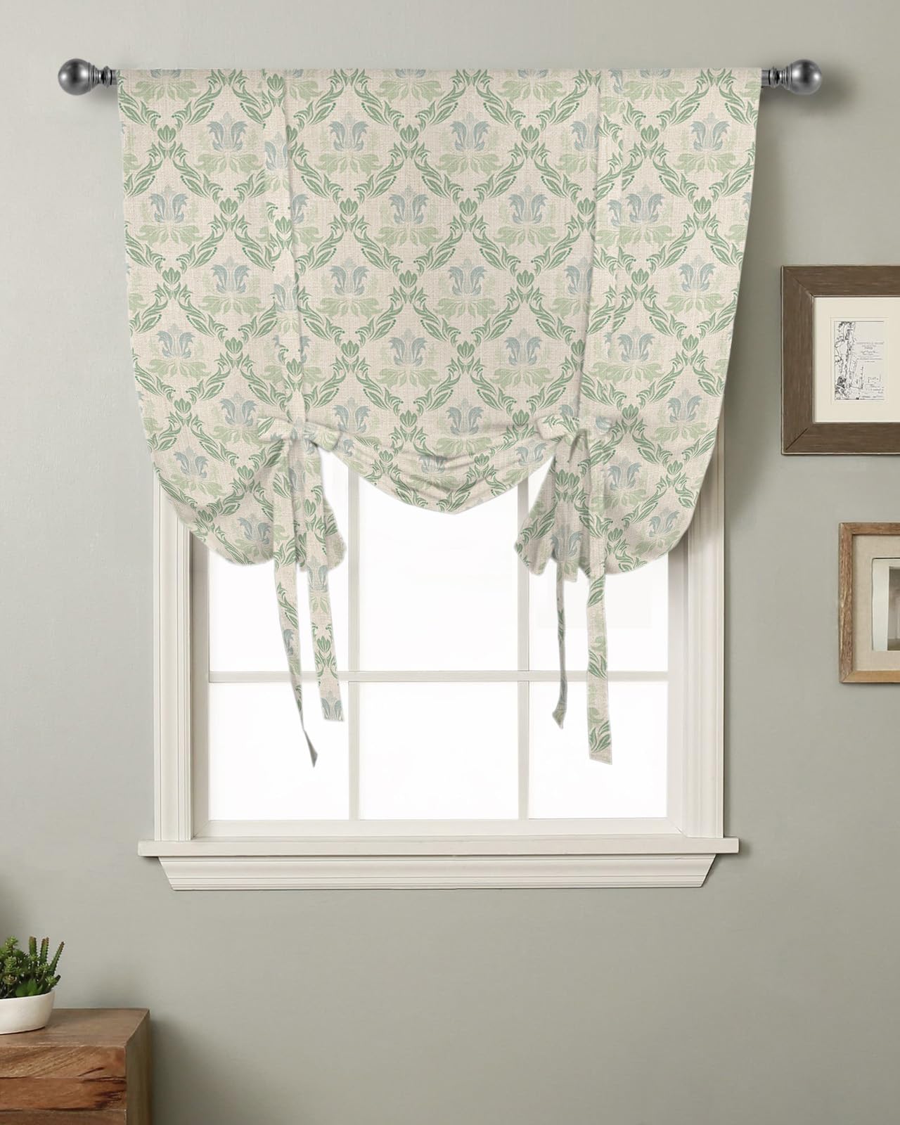 Yukro Tie Up Curtains Window Shades, Vintage Green Flowers Pattern Rod Pocket Tie Up Window Shade, Adjustable Balloon Curtain Shade for Blinds Kitchen Bathroom, 1 Panel, 52
