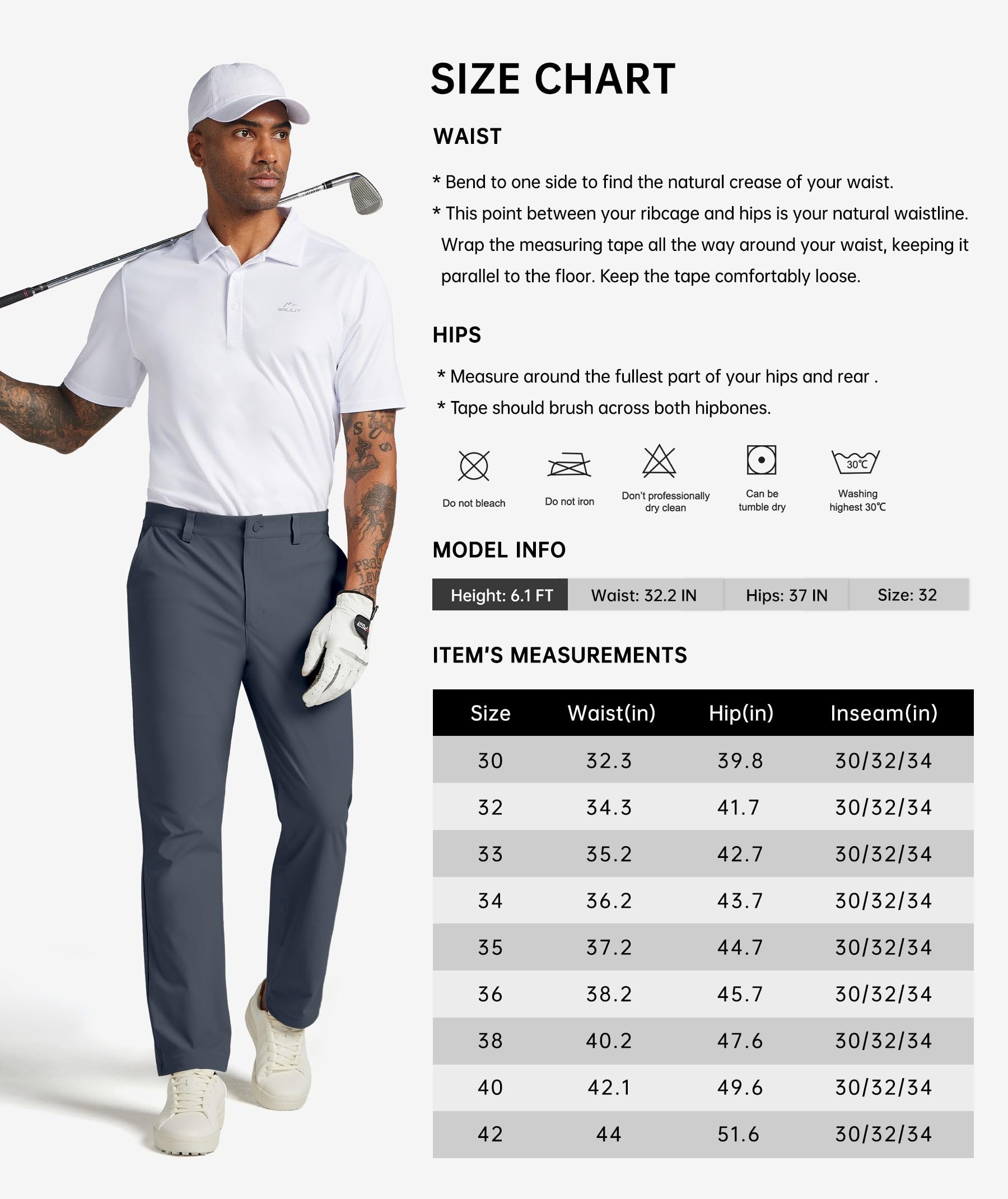 WILLIT Pantaloni da golf da uomo, elasticizzati, ad asciugatura rapida, per lavoro, ufficio, casual, con 4 tasche, 76 cm/81 cm/86 cm