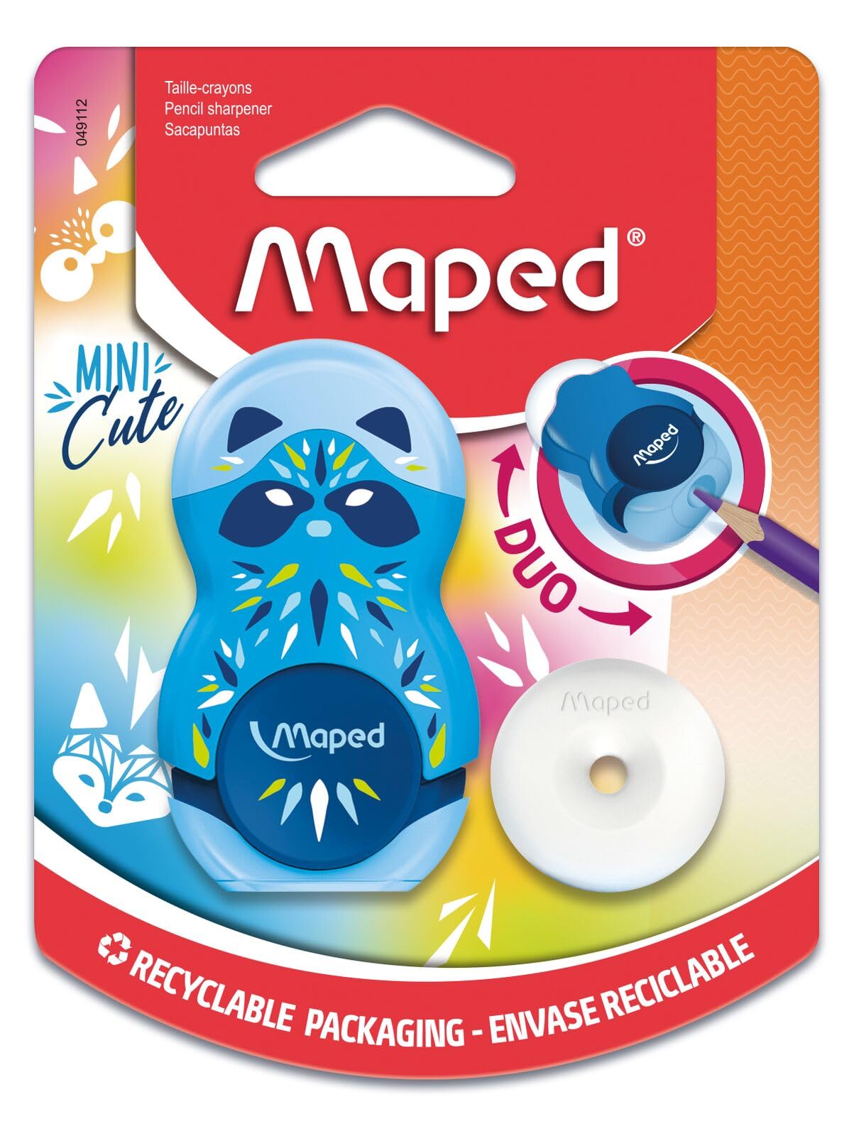 Maped - 2-in-1 Loopy Mini Cute Eraser/Sharpener, Refillable, Includes 1x Replacement Eraser - Random Colour
