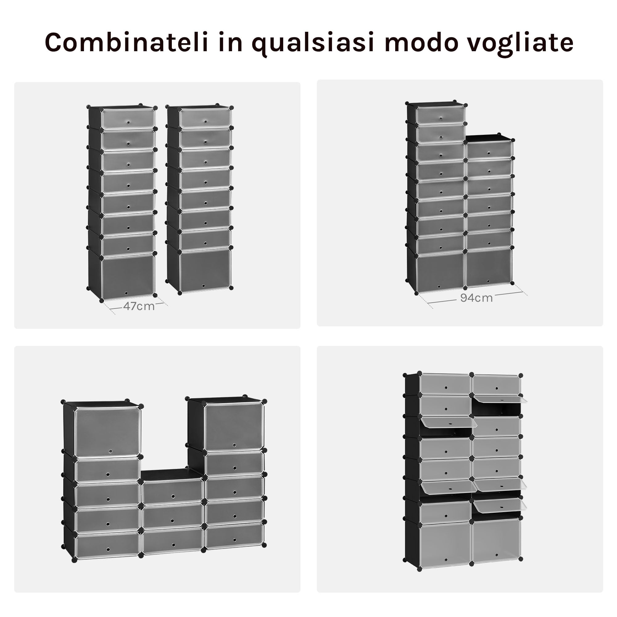 WOLTU Scarpiera, 2x8 Livelli per 32 Paia di Scarpe, Armadietto ad Incastro con Ante, Scaffale Portascarpe per Giochi, Pannelli in PP, con Mazzetta in Plastica, Nero+Bianco