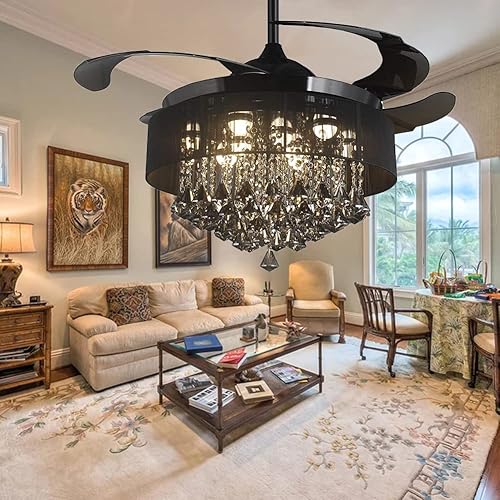 Miniatura 10 de MORE CHANGE Ventilador de techo de cristal de 42 pulgadas para interiores con luz y control remoto, moderno ventilador de techo negro con aspas