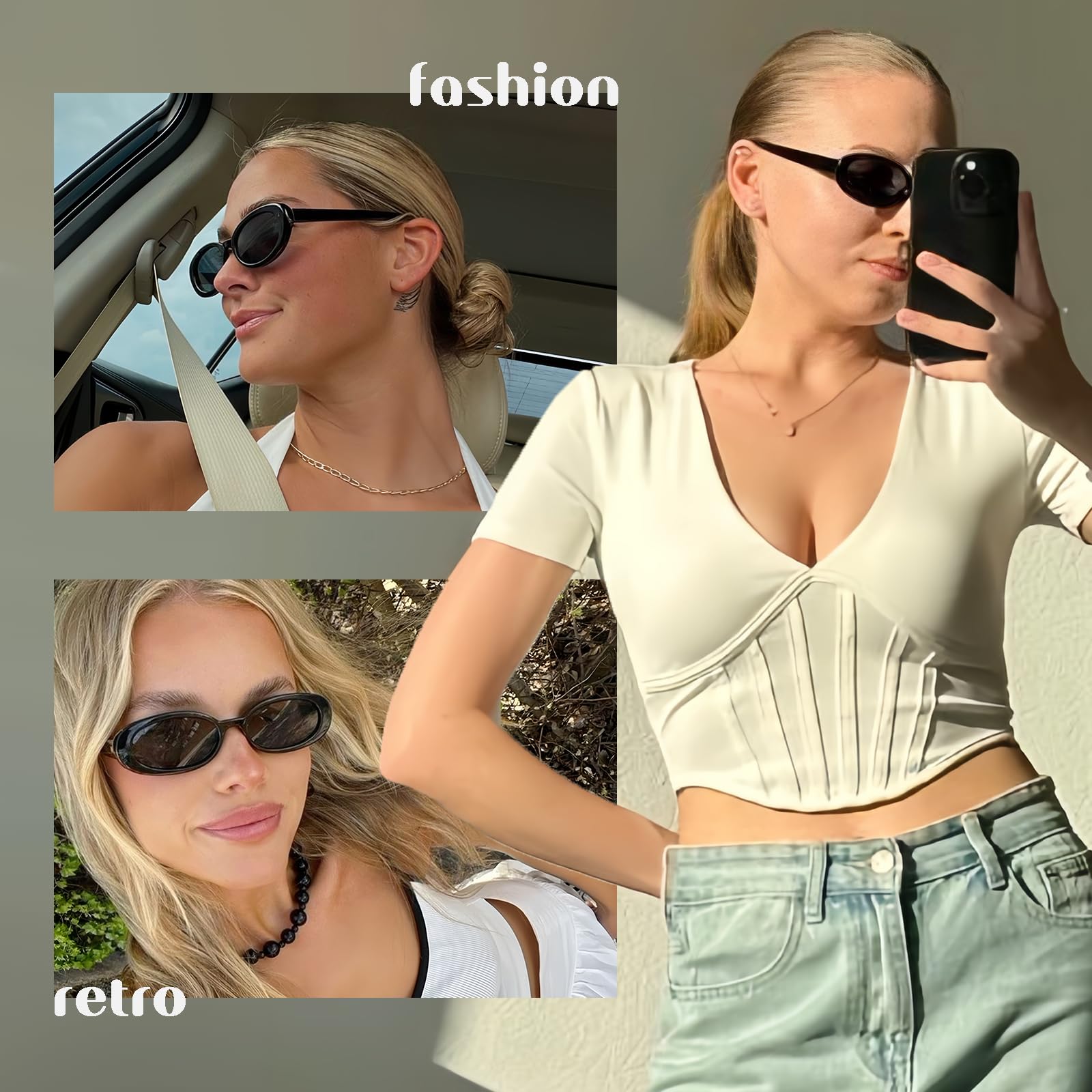 Trendige Retro Ovale Sonnenbrille für Damen, 90er Jahre Kleine Y2K Mode Vintage Schmale Sonnenbrille