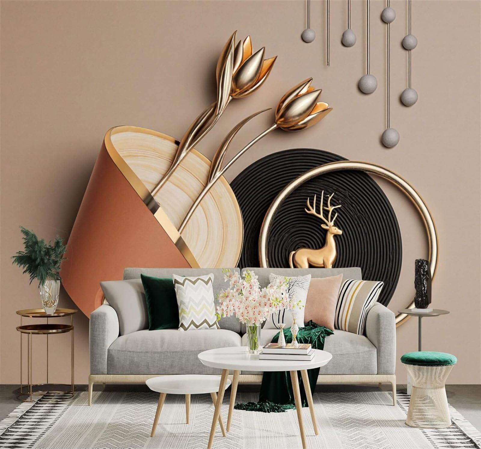 XLMING Golden Deer Tulips Abstract Geometric Metal Art 3D Wallpaper Silky Texture Home Study Office Grey Dining Room Sofa Bedroom Living Room TV Backdrop-150cm×105cm