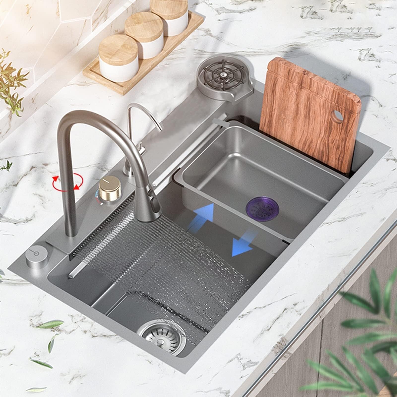 Évier de cuisine cascade encastrable cuve simple 68 x 45 cm avec accessoires