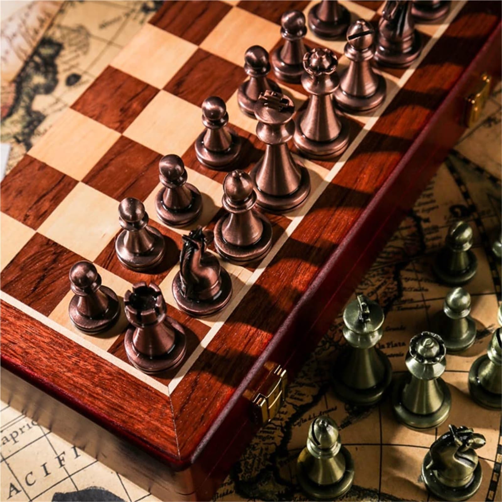 schachspiel Großes Deluxe-Schachset aus Metall for Erwachsene, einzigartiges faltbares Schachbrett aus Holz, Lernspielzeug for Kinder und Erwachsene