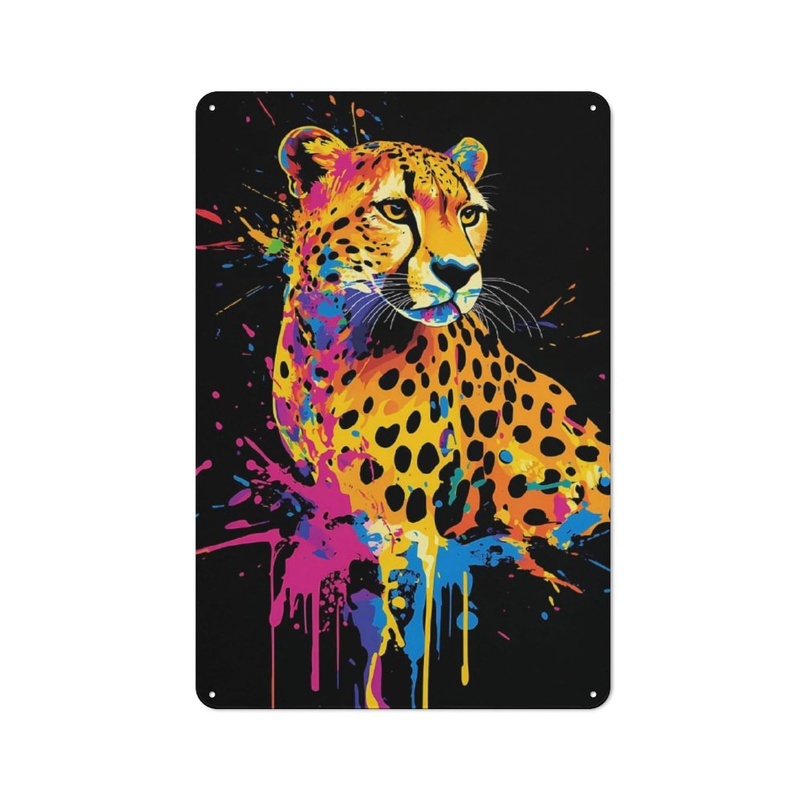 Junmoney Colorful Cheetah Portrait On Black Background Retro Metal Sign 30X20cm Featuring For Living Room Wall, For Vintage Wall Decor Fans, For Themed Room Decoration