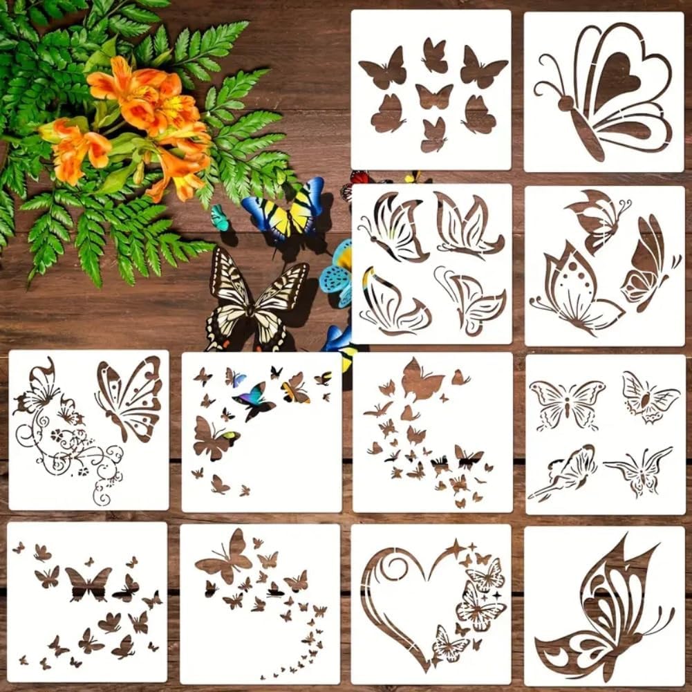 12-Pack Butterfly Reusable Stencils, Dreamy & Heart Patterns Drawing Templates for Painting on Wood, Wall, Canvas, DIY Crafts & Baking Decor - 15x15cm Flexible PET Stencils