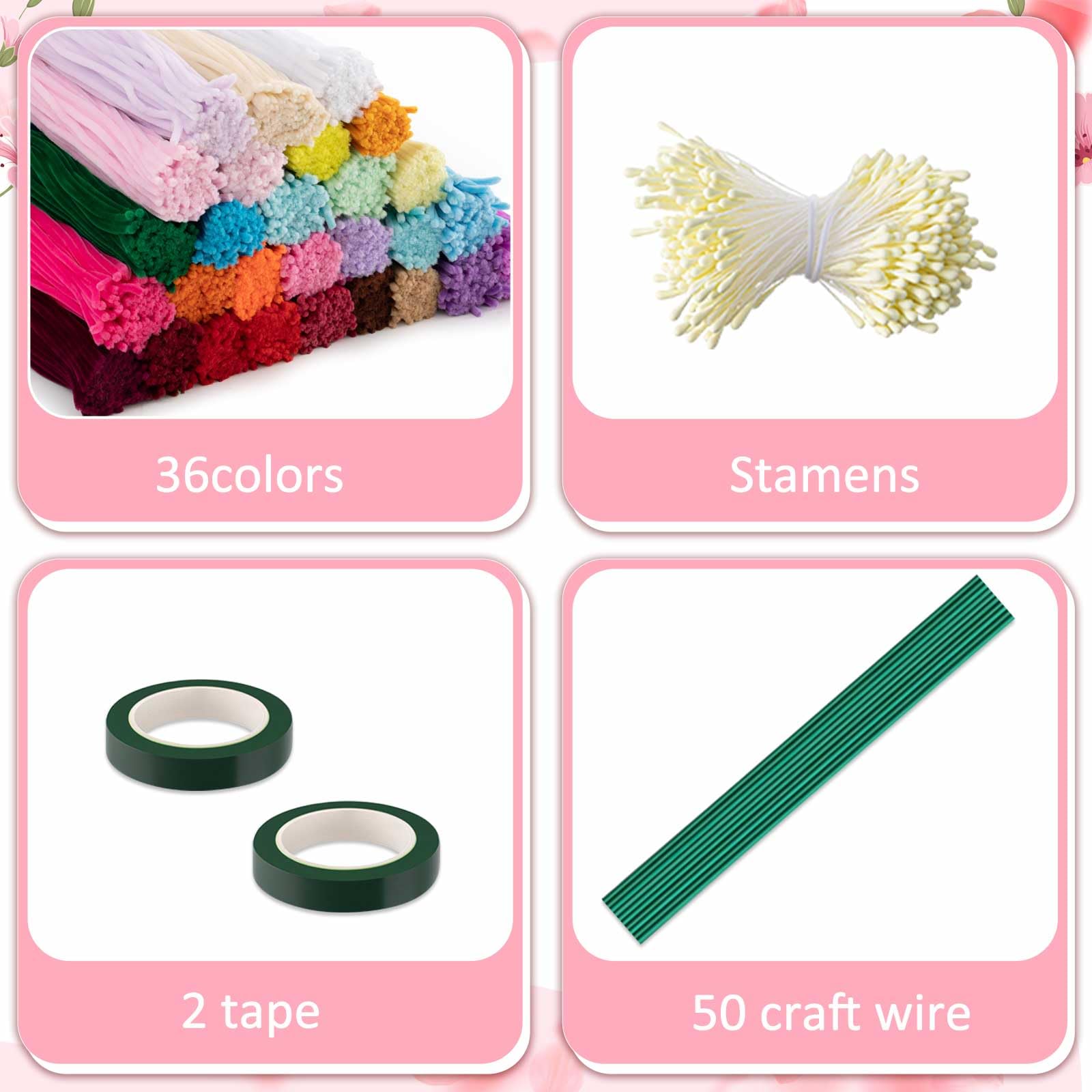 Peryiter Pfeifenreiniger, flauschige Chenille-Stiele mit 50 Blumenstielen, 4 Klebeband und 350 Staubblättern für Bastelprojekte, kreative Geschenkverpackungen, Party-Dekorationen, 3600 Stück, 3600