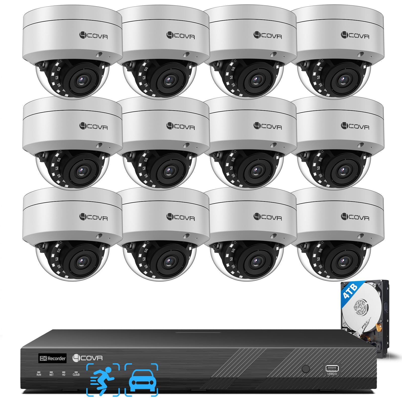 4COVR PoE Überwachungskamera Aussen Set, 16CH System mit 12X 5MP IK10 Vandalensicheren Dome IP Kameras IP67, KI Personen-/Fahrzeugerkennung, H.265 4K NVR mit 4TB, 24/7 Videoüberwachung, DLY54AX5M1612