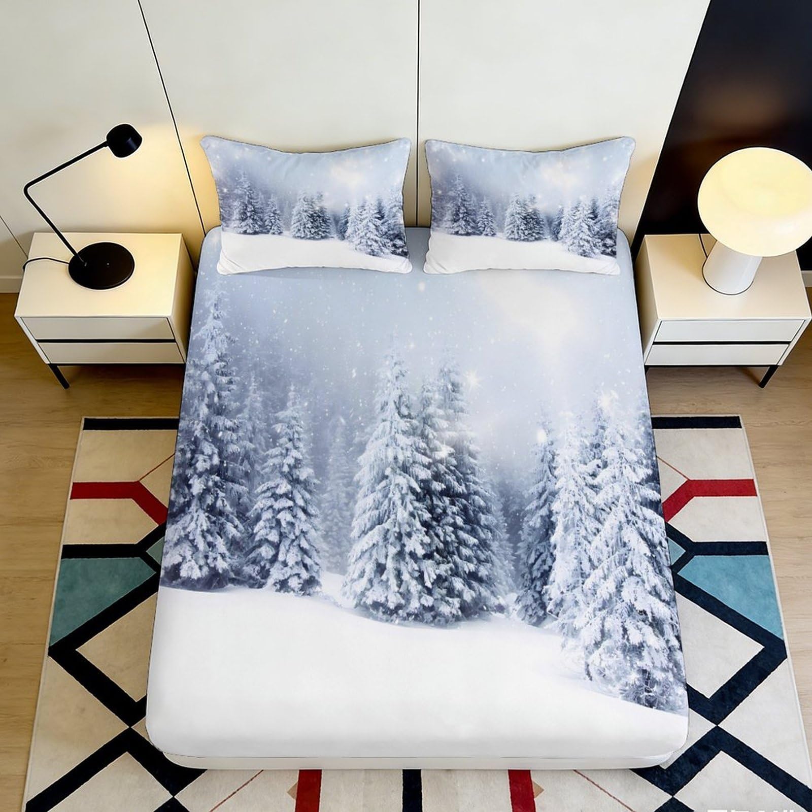 3D Printed Winter Snow Pine Tree Fitted Sheet Microfiber Soft Breathable Snowy Forest Bed Cover for Bedroom Dormitory Guest Room Mattress Protection Decor 140x200x25cm