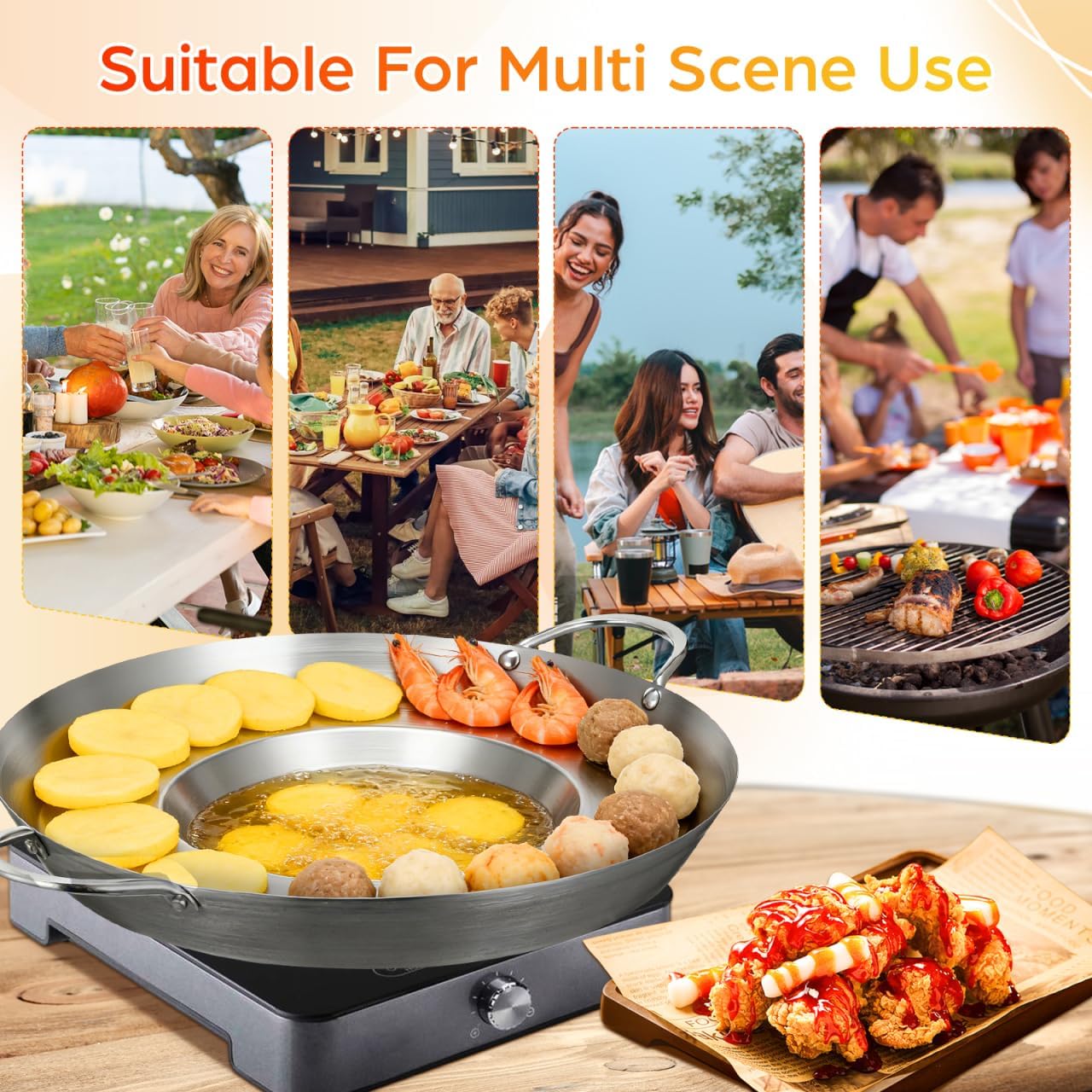 Cabilock Stainless Steel Comal Frying Bowl with Double Handle, Rounded Flat Bottom Paella Pan, Home Wok Pot Non-stick Cooking Pan Kitchen Cookware for Stoves